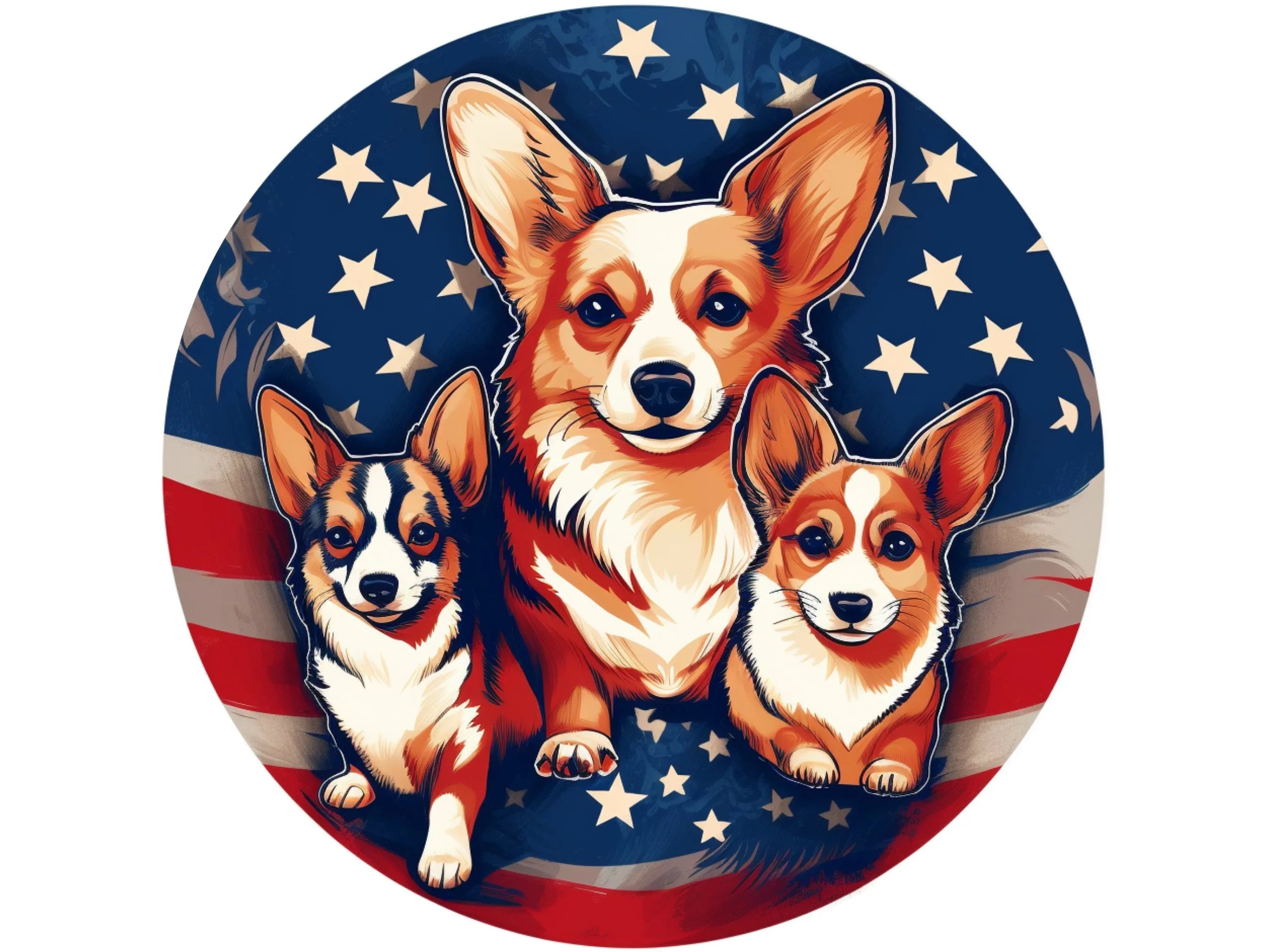 4th of July American Flag Corgi metal wreath sign, Patriotic Corgis Stars and Stripes Wall Art