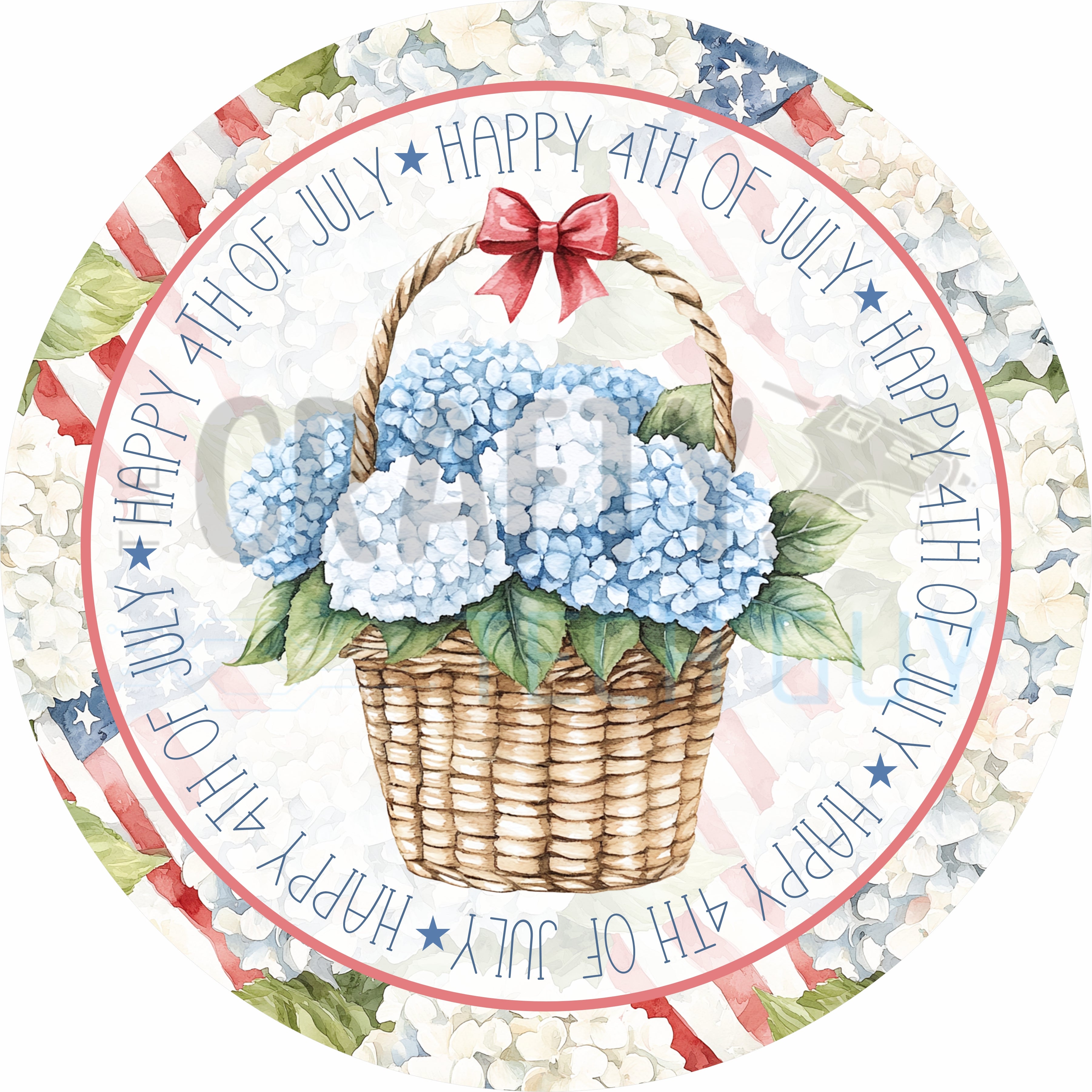 Happy 4th of July Hydrangea Basket Americana Round Sign