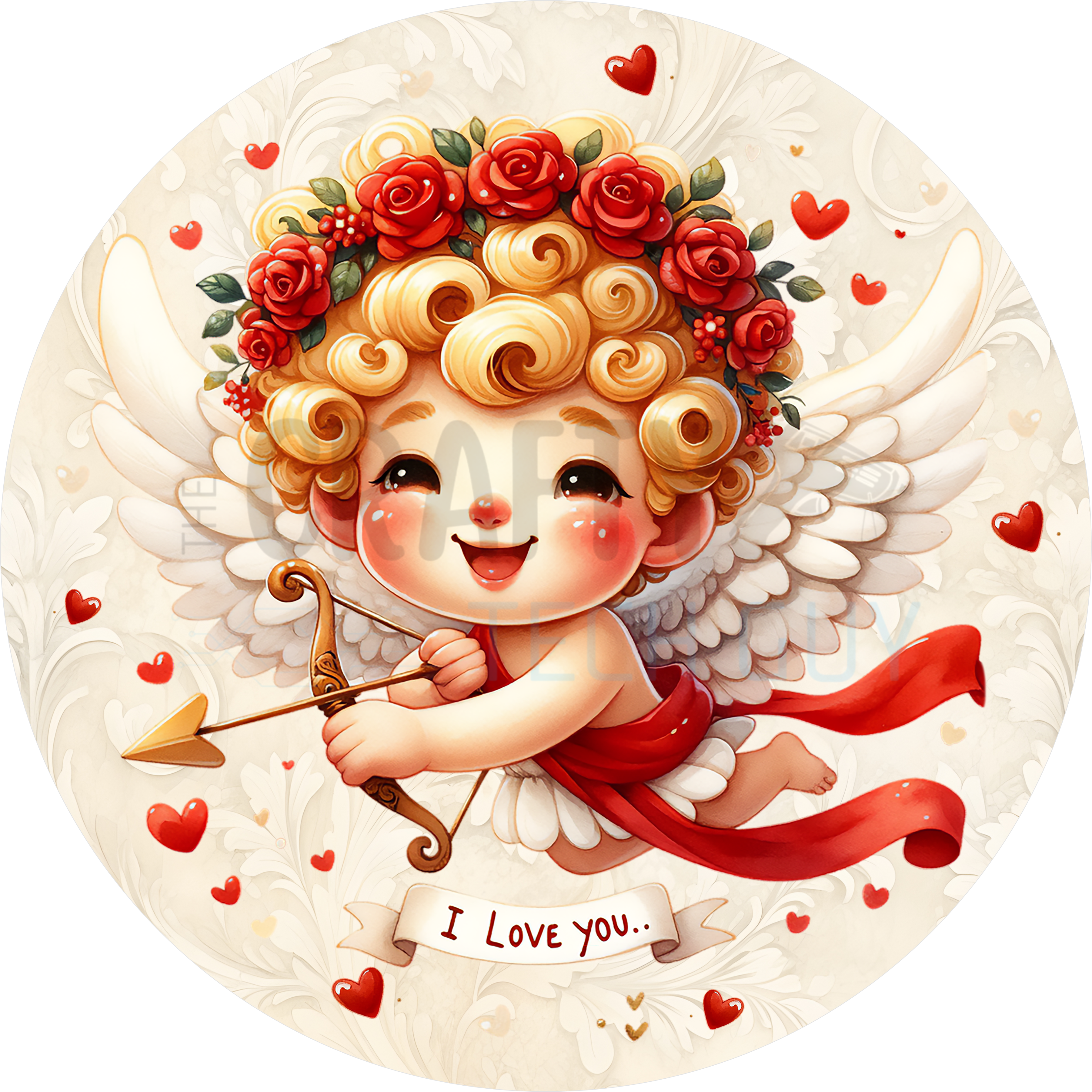Valentine Cupid Design | Cute Angel with Golden Hair, Red Sash, Bow and Arrow Surrounded by Hearts for Romantic Décor