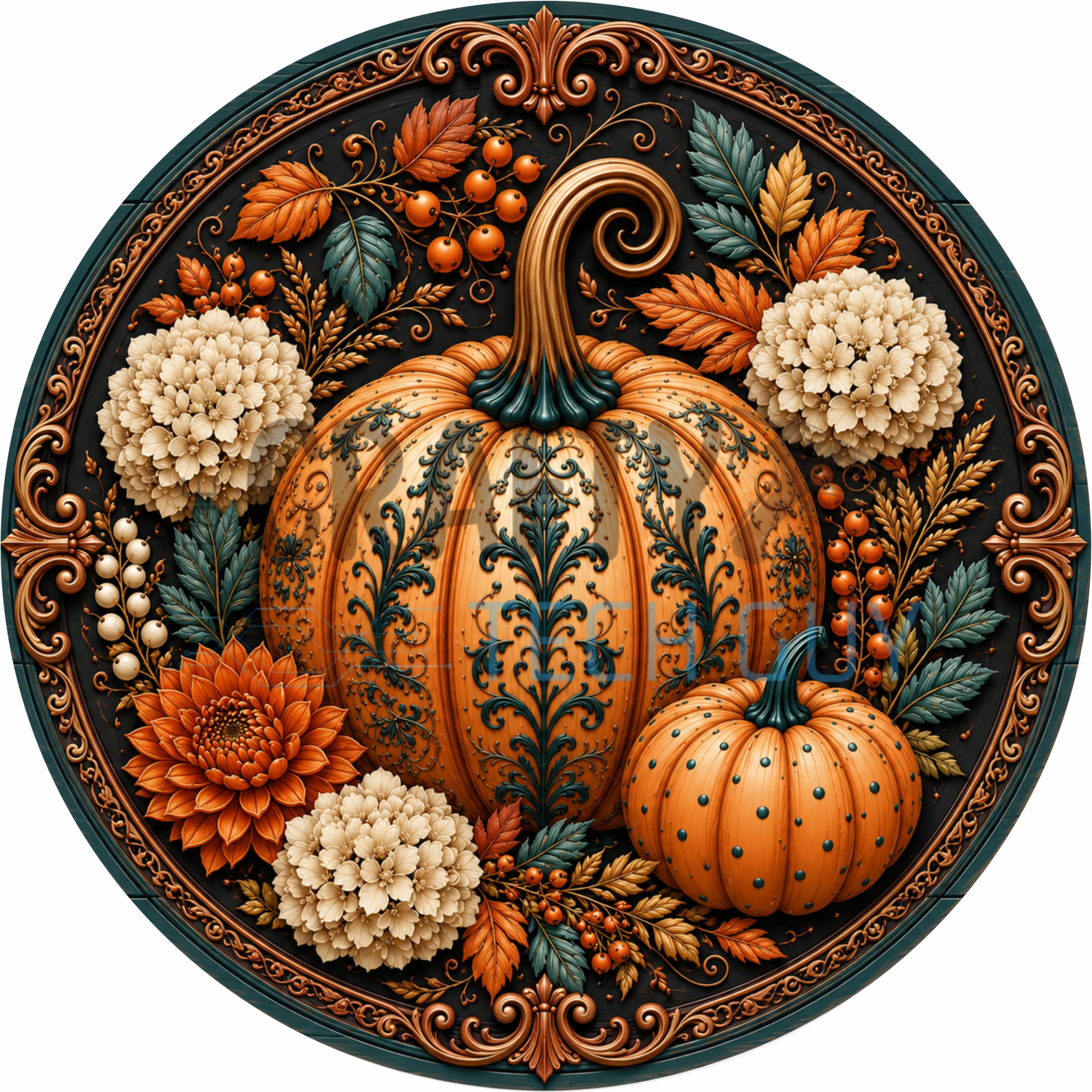 Pumpkin Damask Elegance Round Wreath Sign