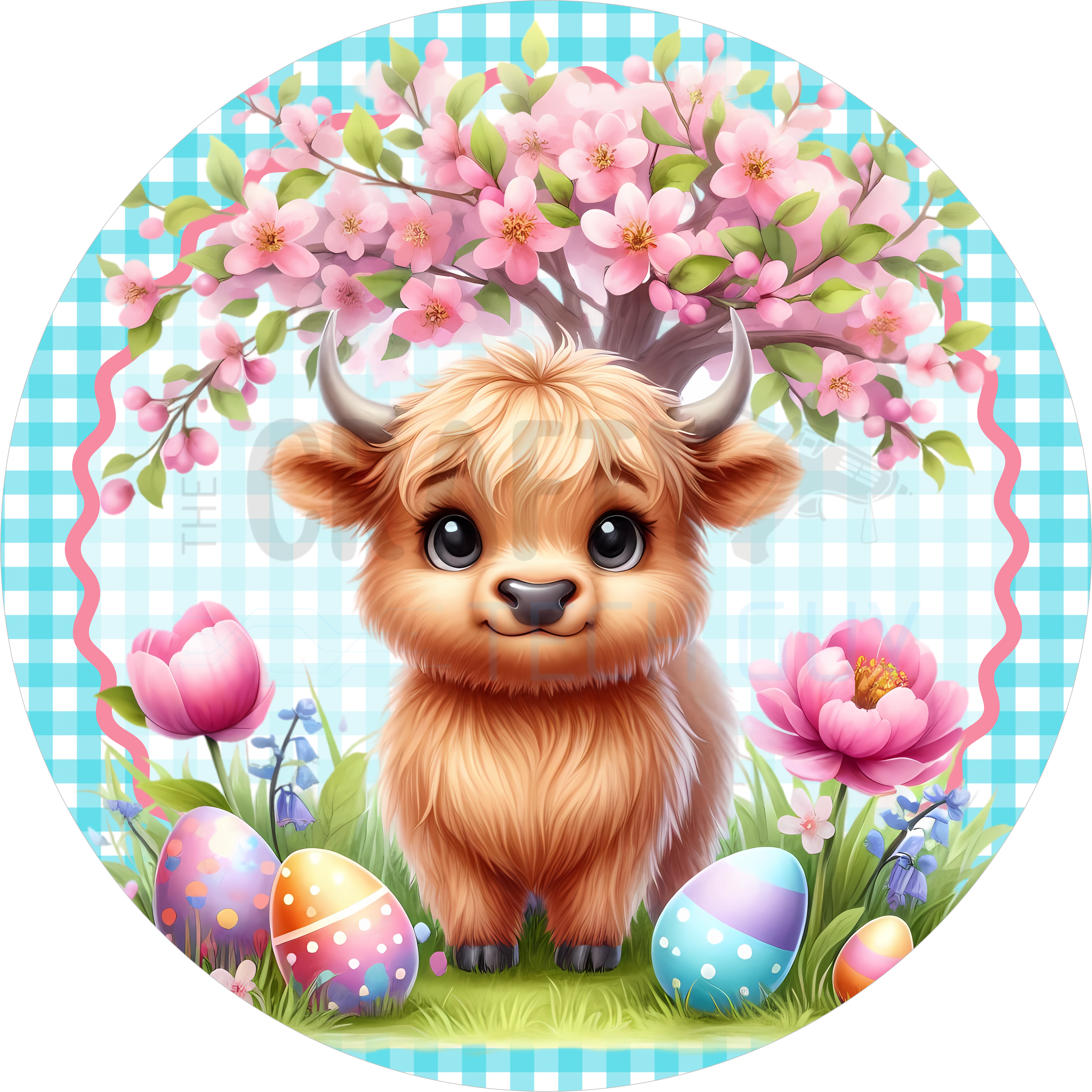 Spring Highland Cow Door Sign with Blossoms & Eggs