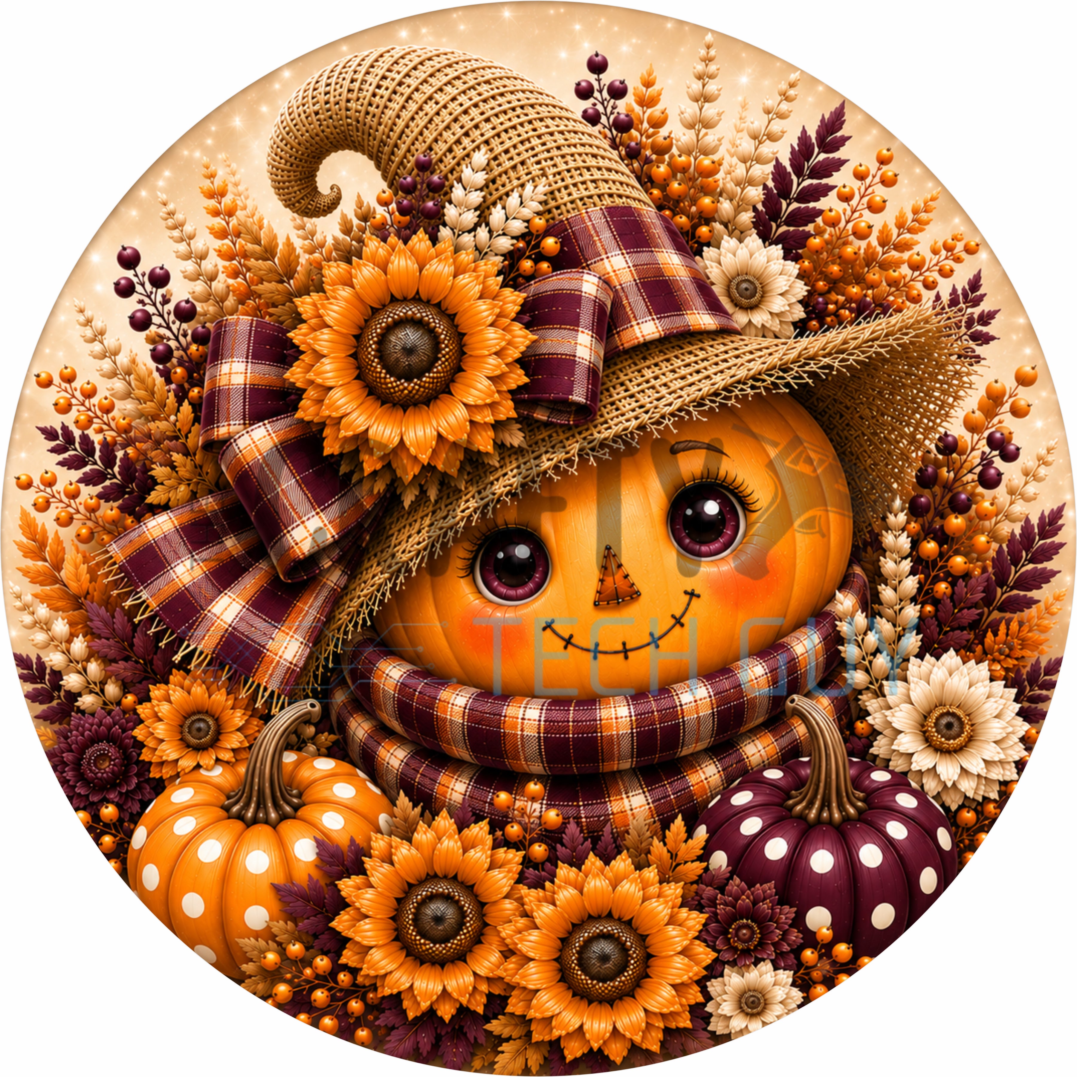 Burgundy Harvest Scarecrow Pumpkin Round Wreath Sign