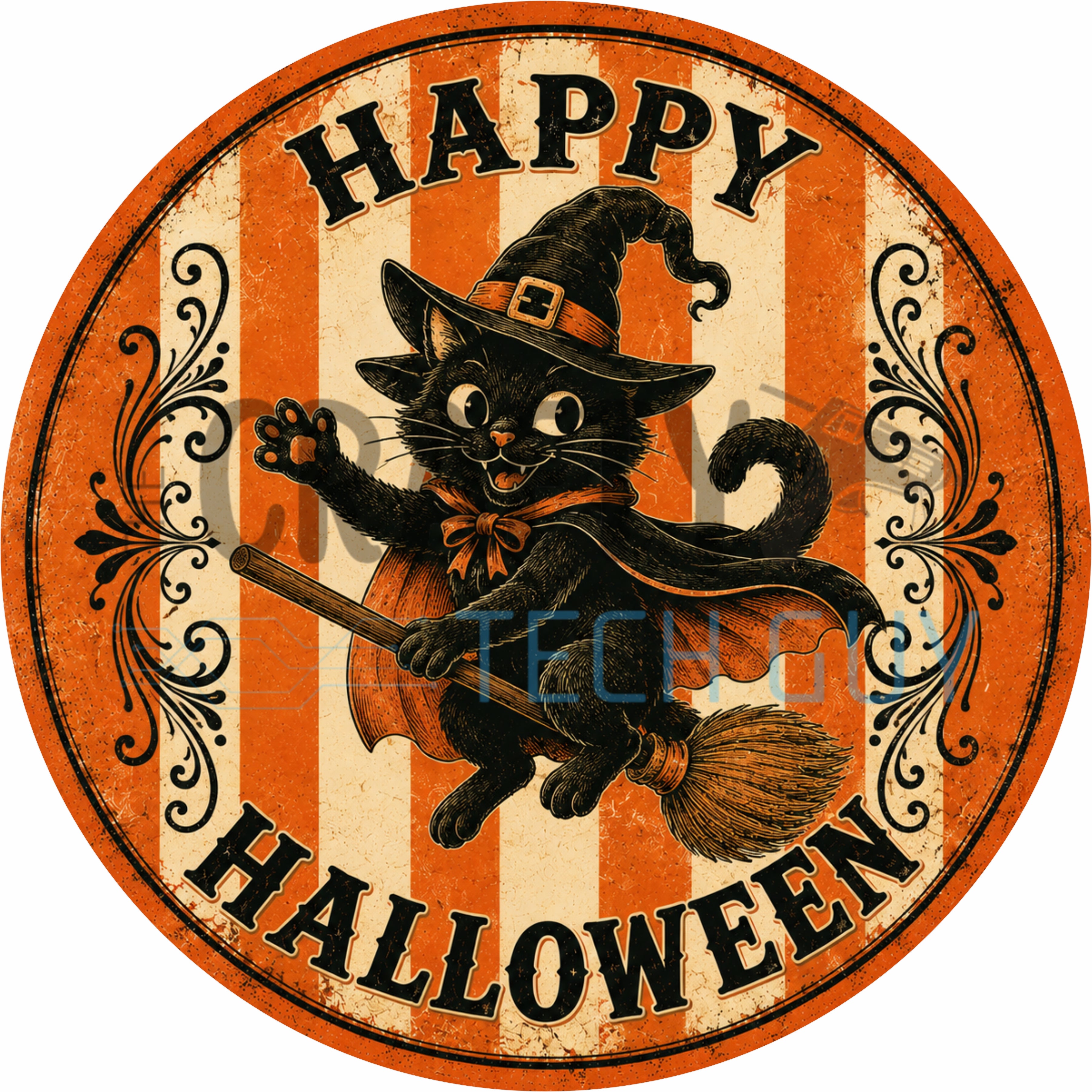Happy Halloween Vintage Waving Witch Cat Round Wreath Sign