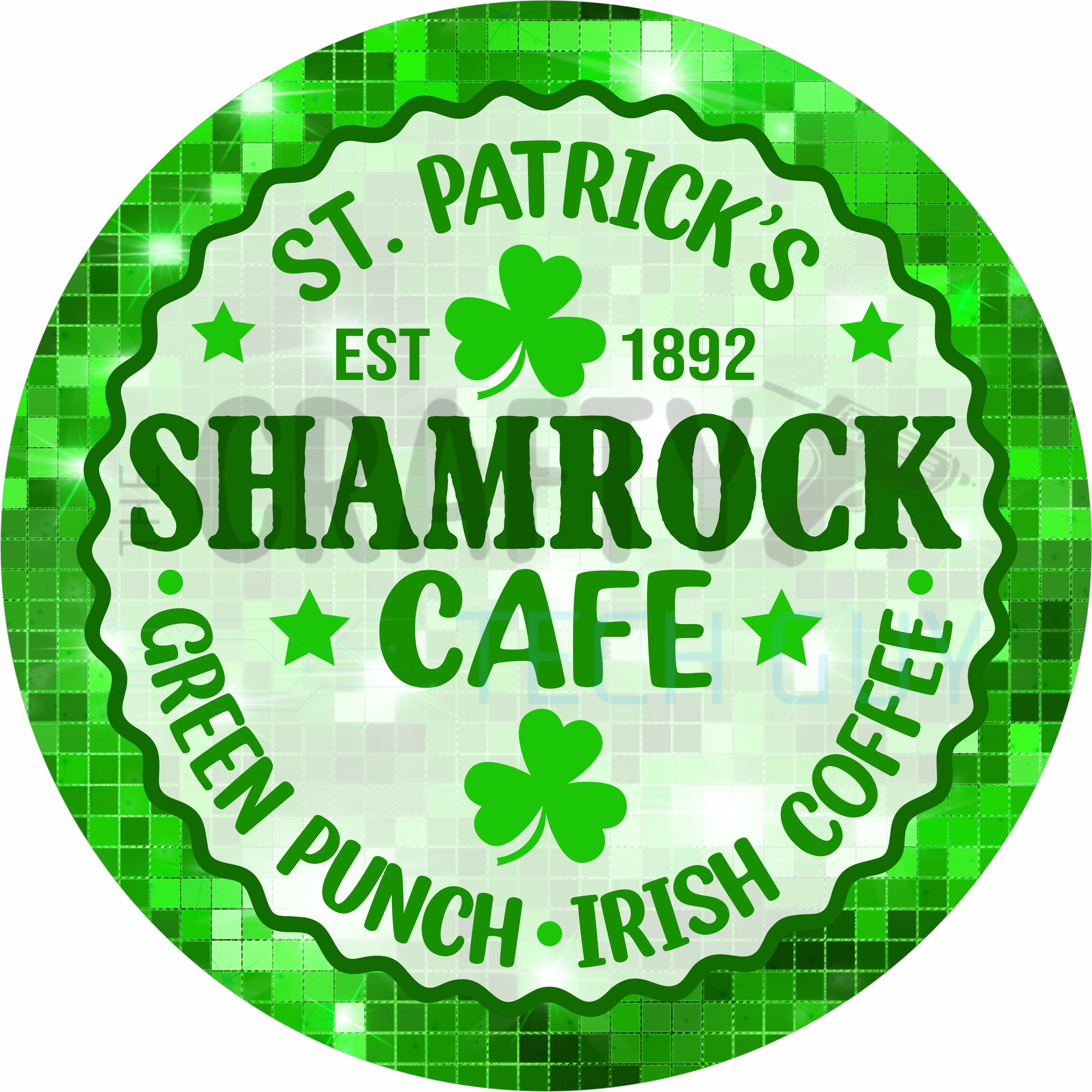 Shamrock Cafe St. Patrick’s Day Round Wreath Sign – Lucky Irish Coffee & Green Punch Inspired Design