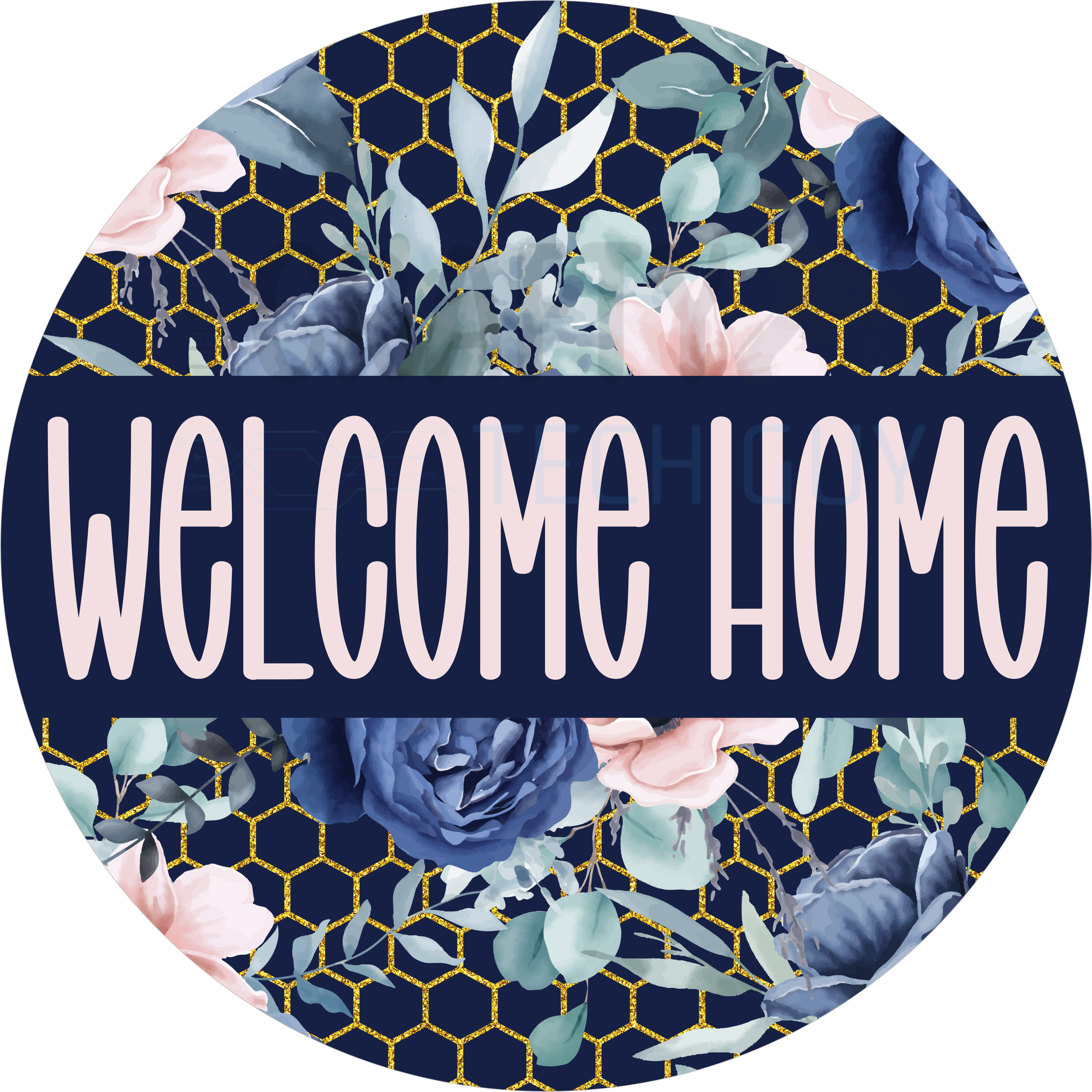 Navy Floral “Welcome Home” Round Wreath Sign