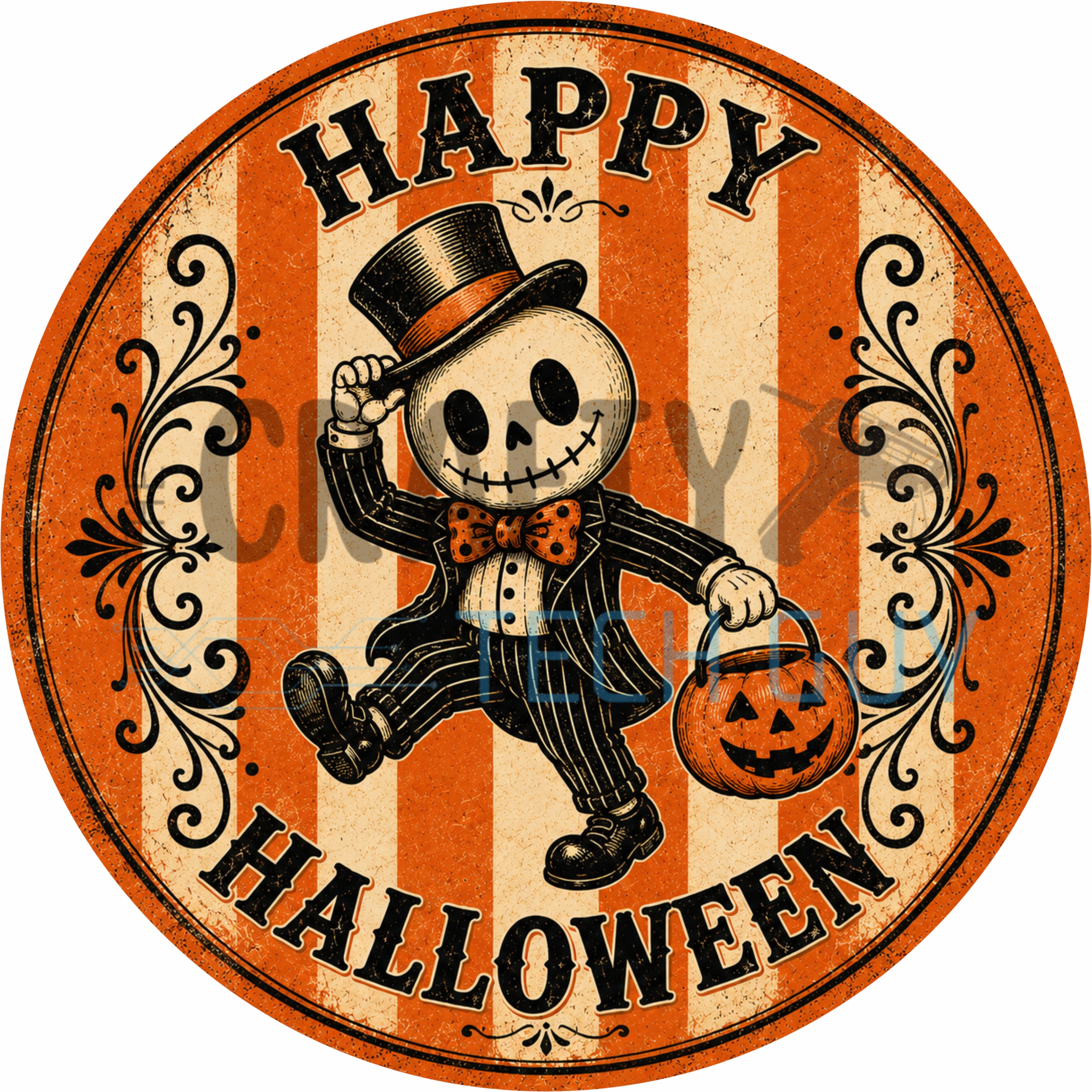 Happy Halloween Vintage Skeleton Round Wreath Sign