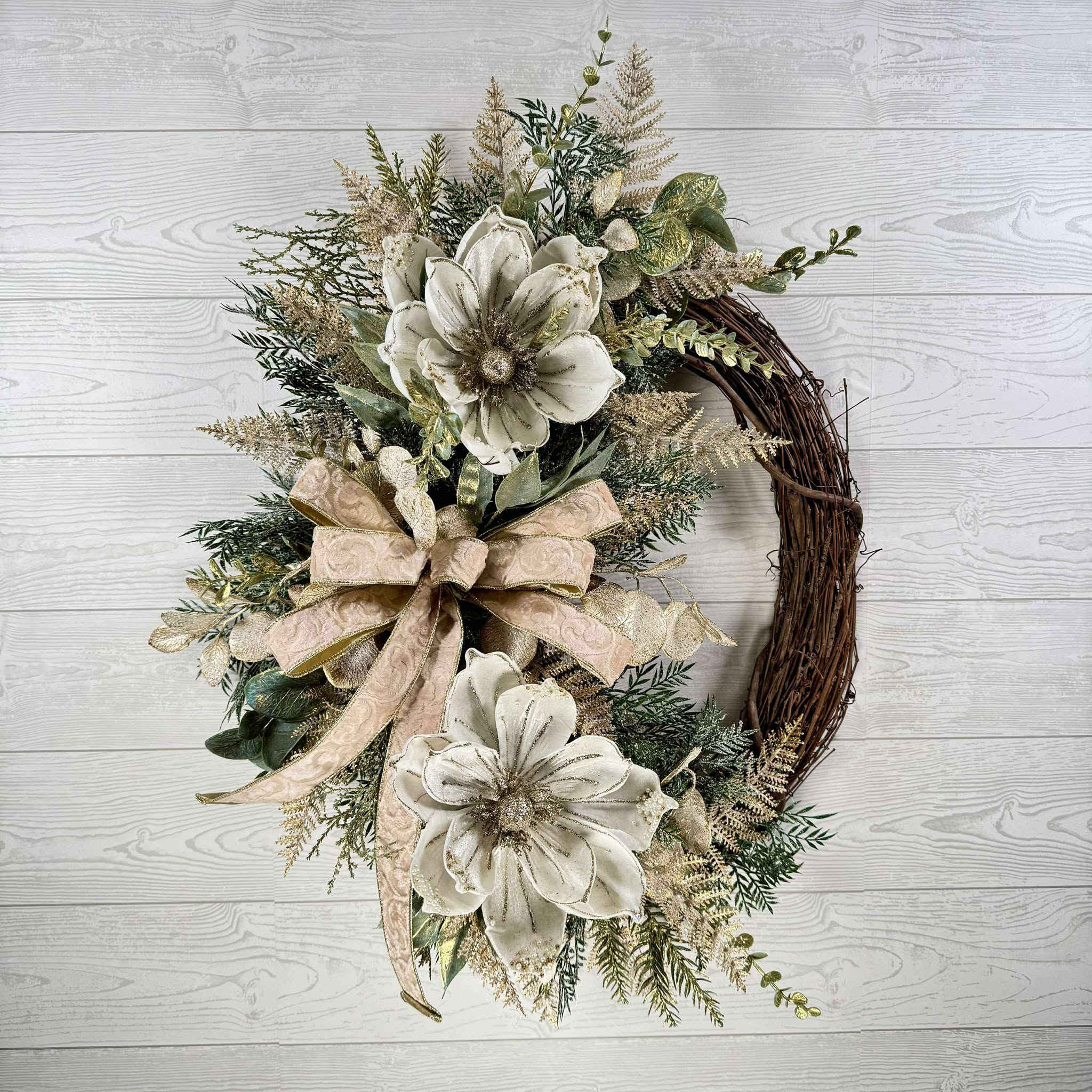 Elegant Winter Magnolia Wreath, Cream and Gold Floral Door Decor, Holiday Grapevine Wreath with Ribbon Bow