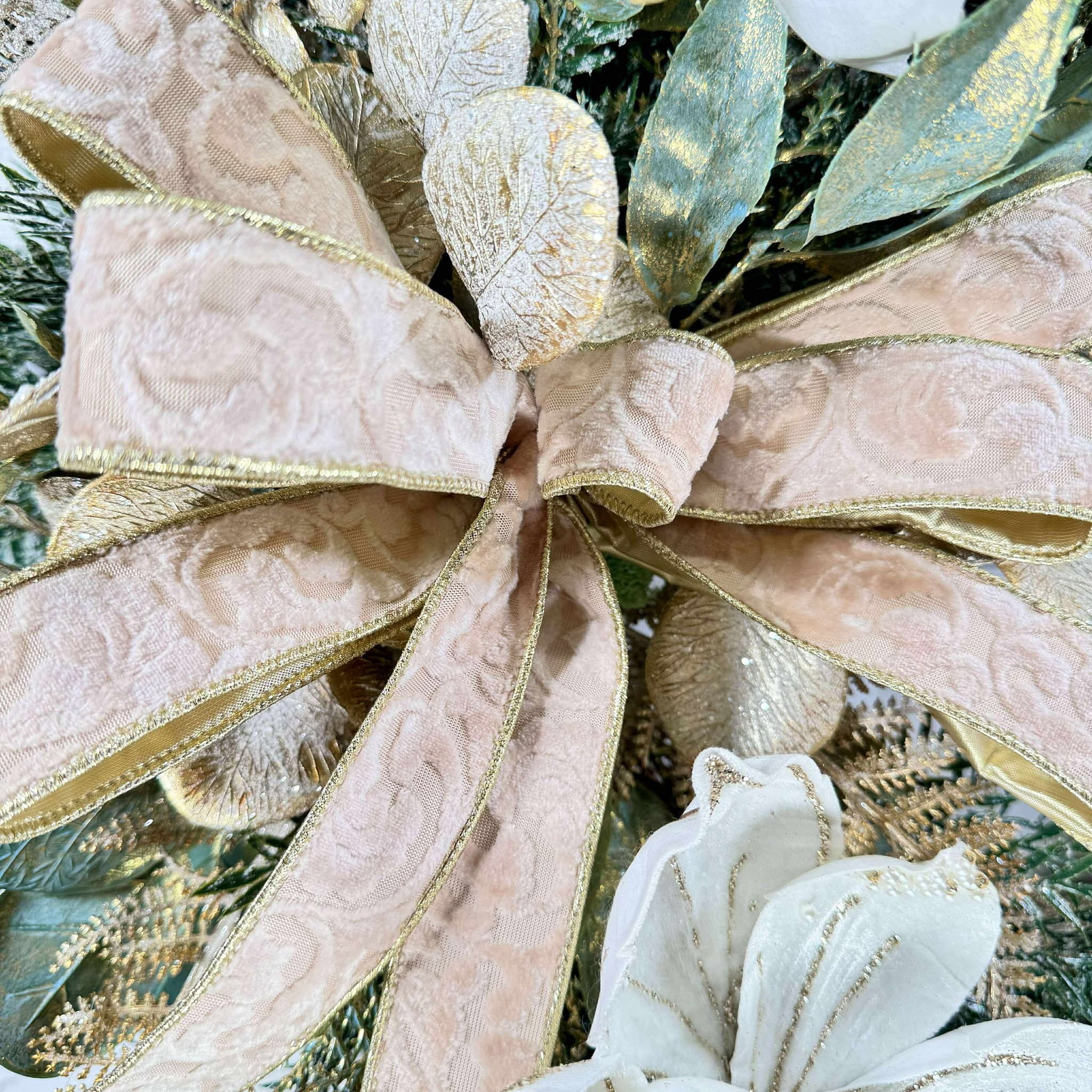 Elegant Winter Magnolia Wreath, Cream and Gold Floral Door Decor, Holiday Grapevine Wreath with Ribbon Bow