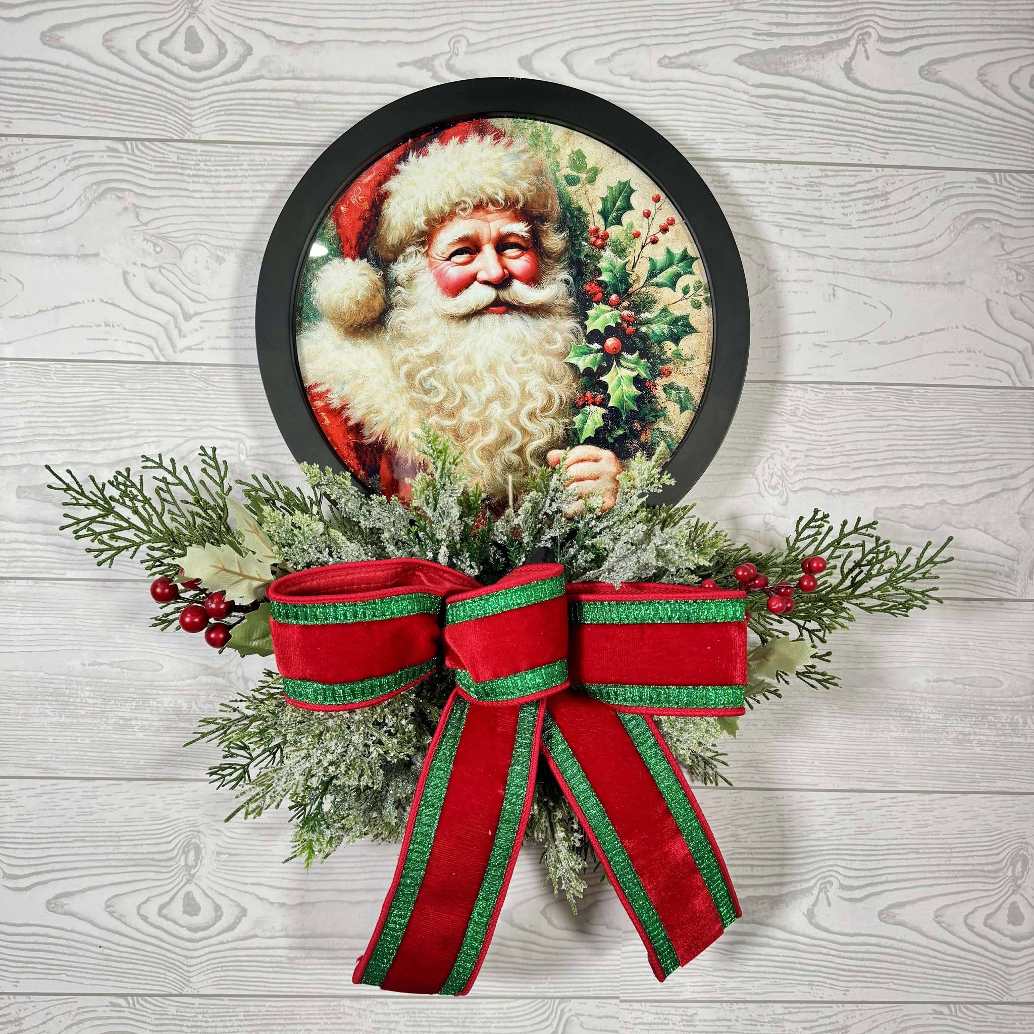 Vintage Santa Framed Christmas Sign with Greenery and Velvet Bow – Handmade Holiday Wall Décor