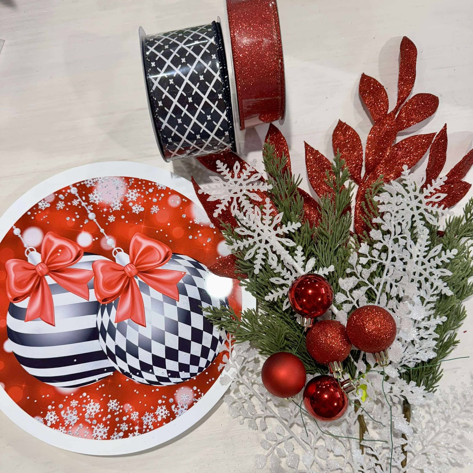 FrameFlair Kit Featuring Red & Black Ornament Sign | Modern Christmas DIY Floral Frame Kit with Stick-e-Stake™