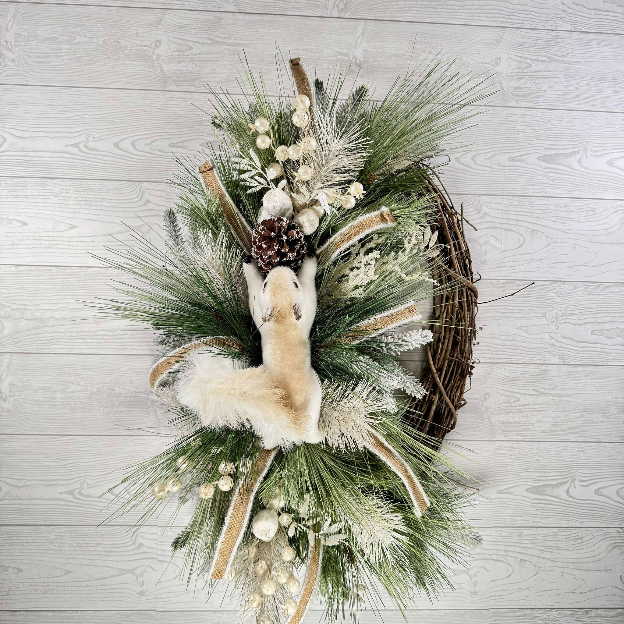 Winter Woodland Squirrel Wreath, Frosted Pine and Burlap Ribbon Door Decor, Rustic Grapevine Christmas Wreath