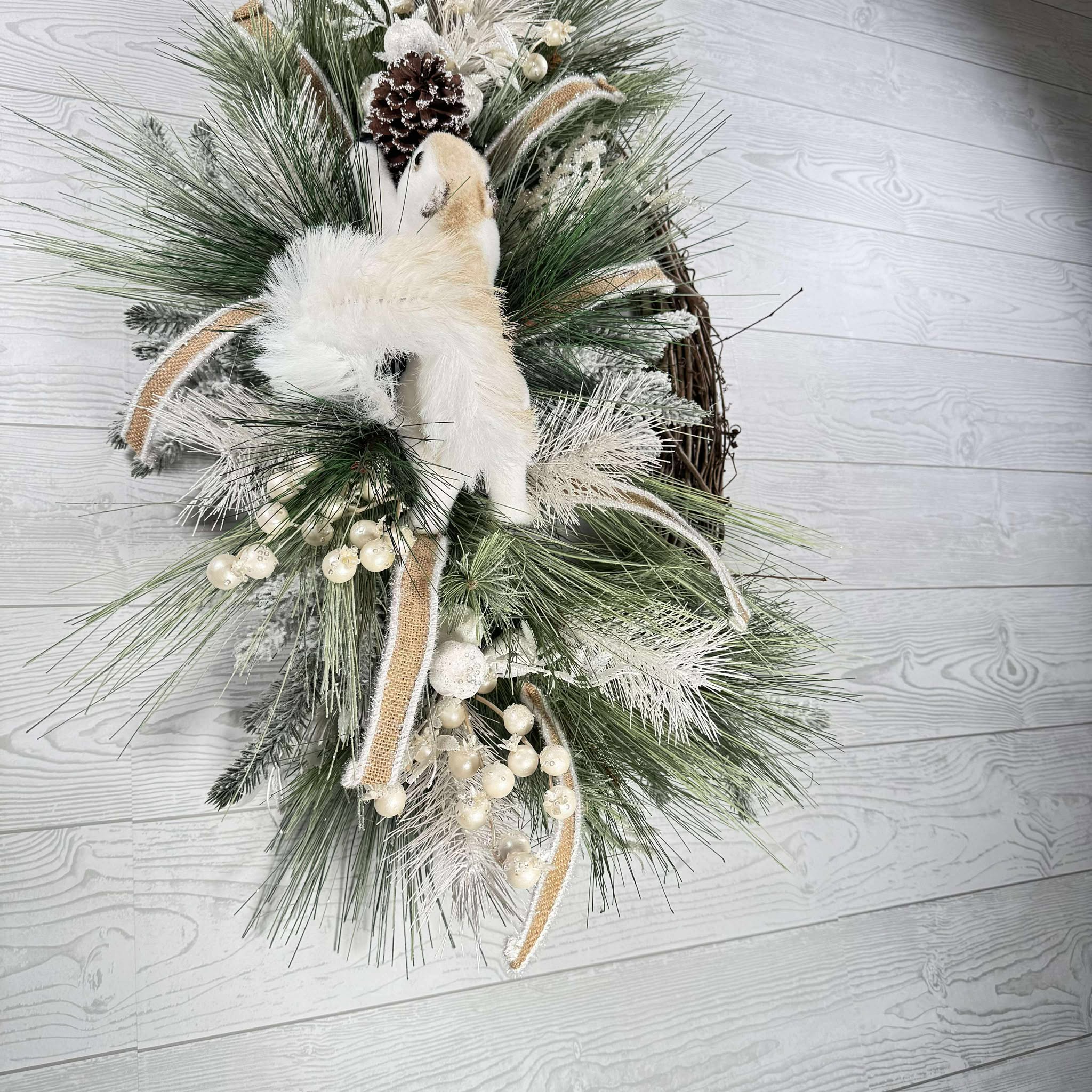 Winter Woodland Squirrel Wreath, Frosted Pine and Burlap Ribbon Door Decor, Rustic Grapevine Christmas Wreath
