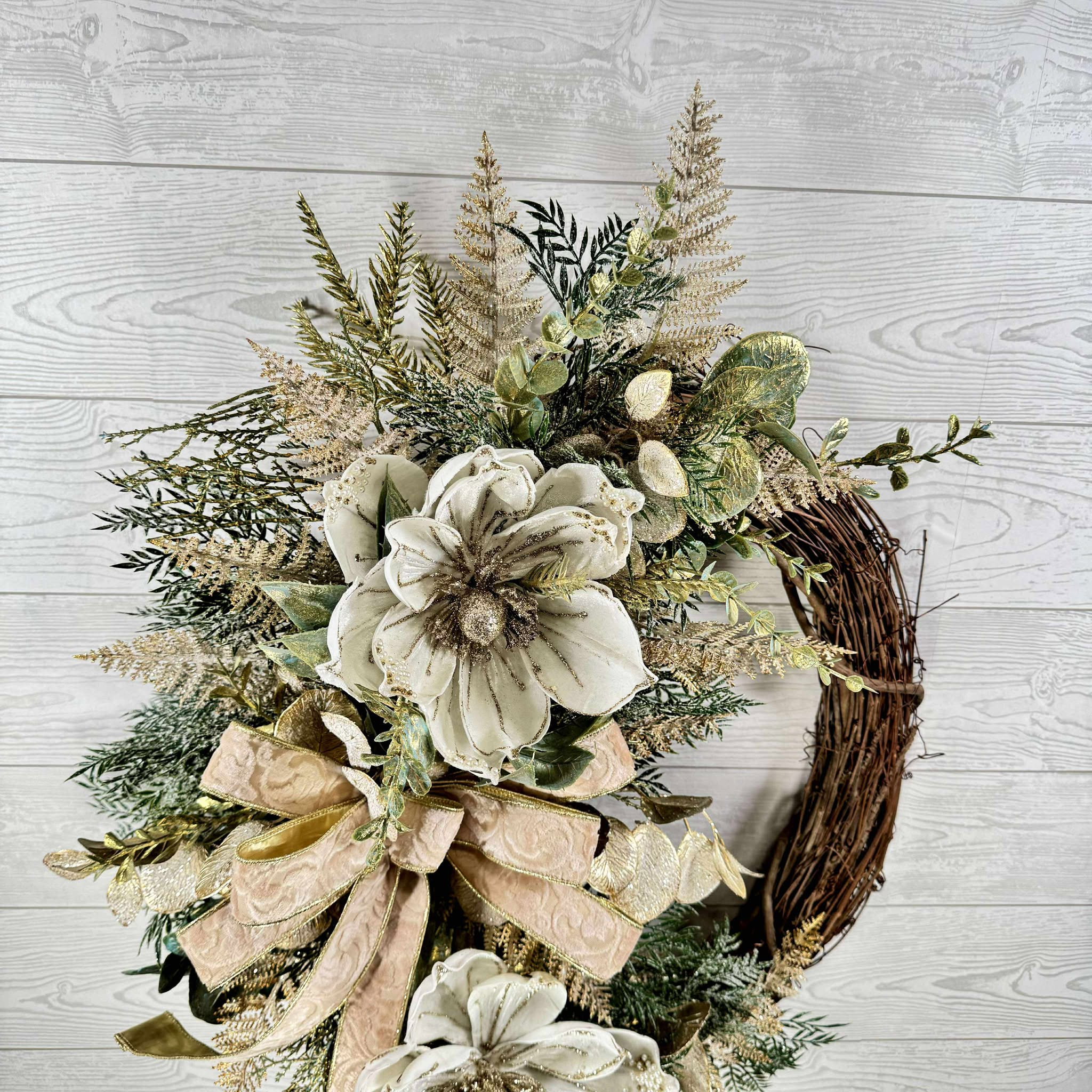 Elegant Winter Magnolia Wreath, Cream and Gold Floral Door Decor, Holiday Grapevine Wreath with Ribbon Bow