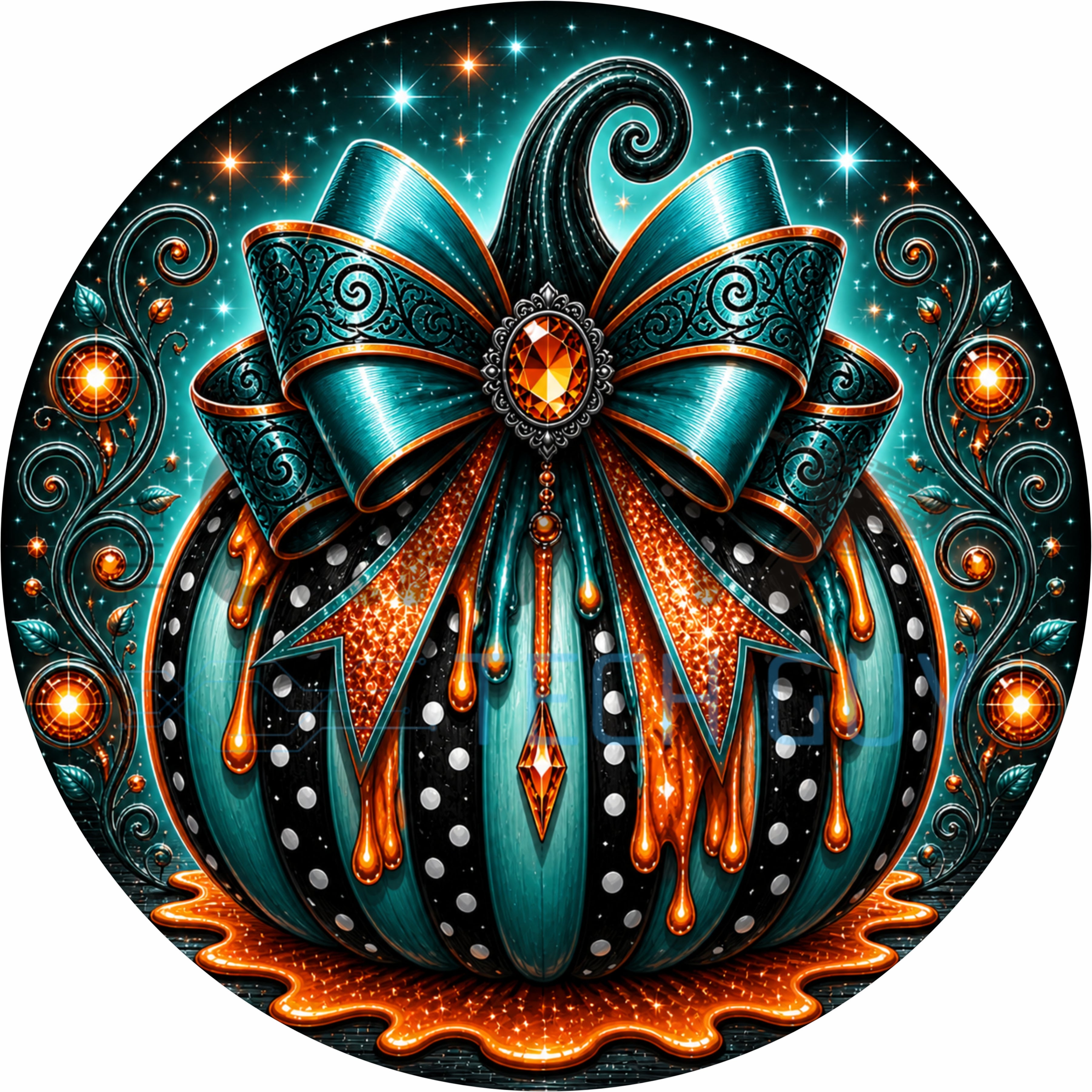 Teal and Orange Glam Halloween Pumpkin Round Wreath Sign