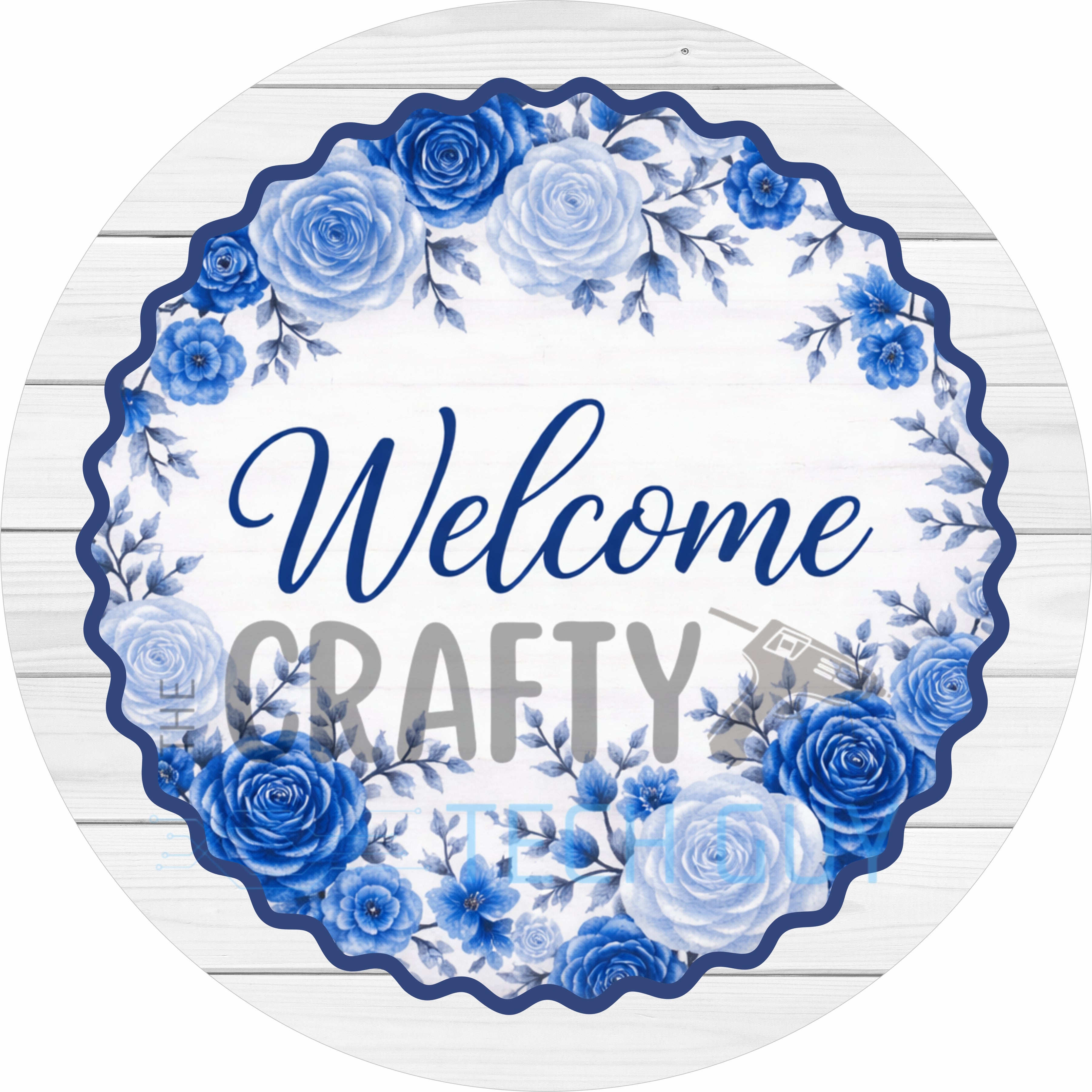 Blue Floral Welcome Farmhouse Round Wreath Sign