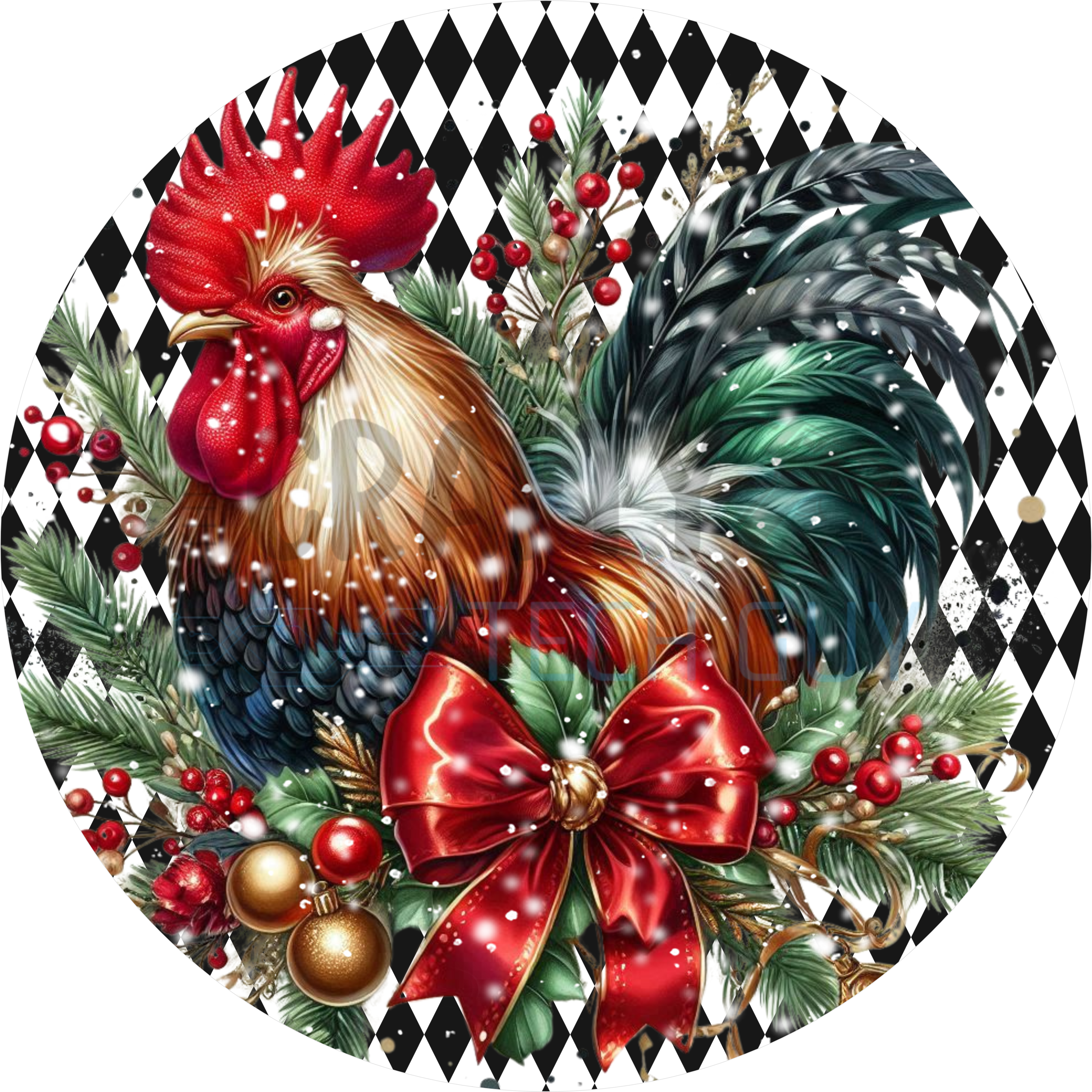 Rustic Farmhouse Rooster Christmas Sign with Red Bow, Holly Berries, Gold Ornaments, and Black Harlequin Holiday Background