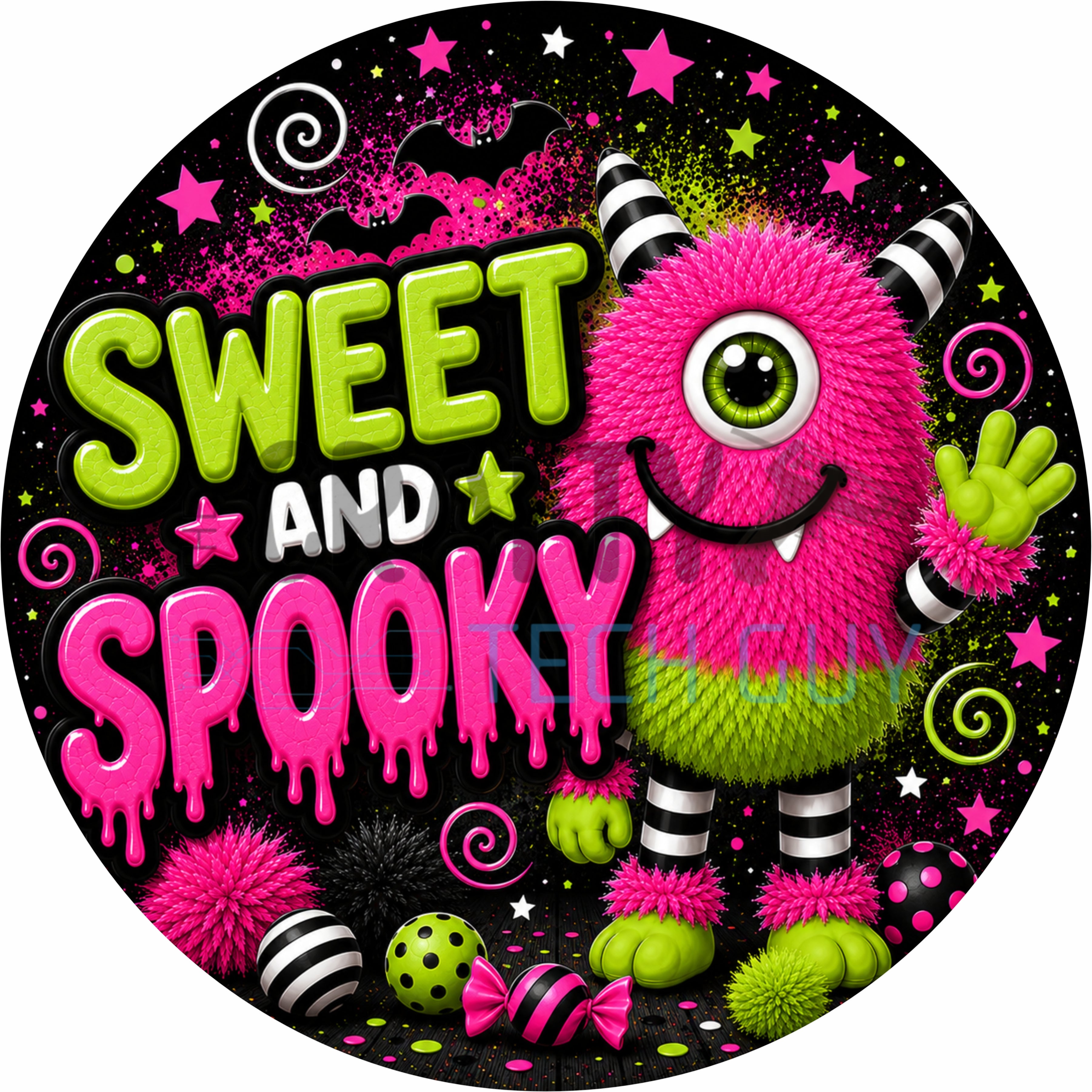 Hot Pink & Lime Sweet & Spooky Monster Round Wreath Sign