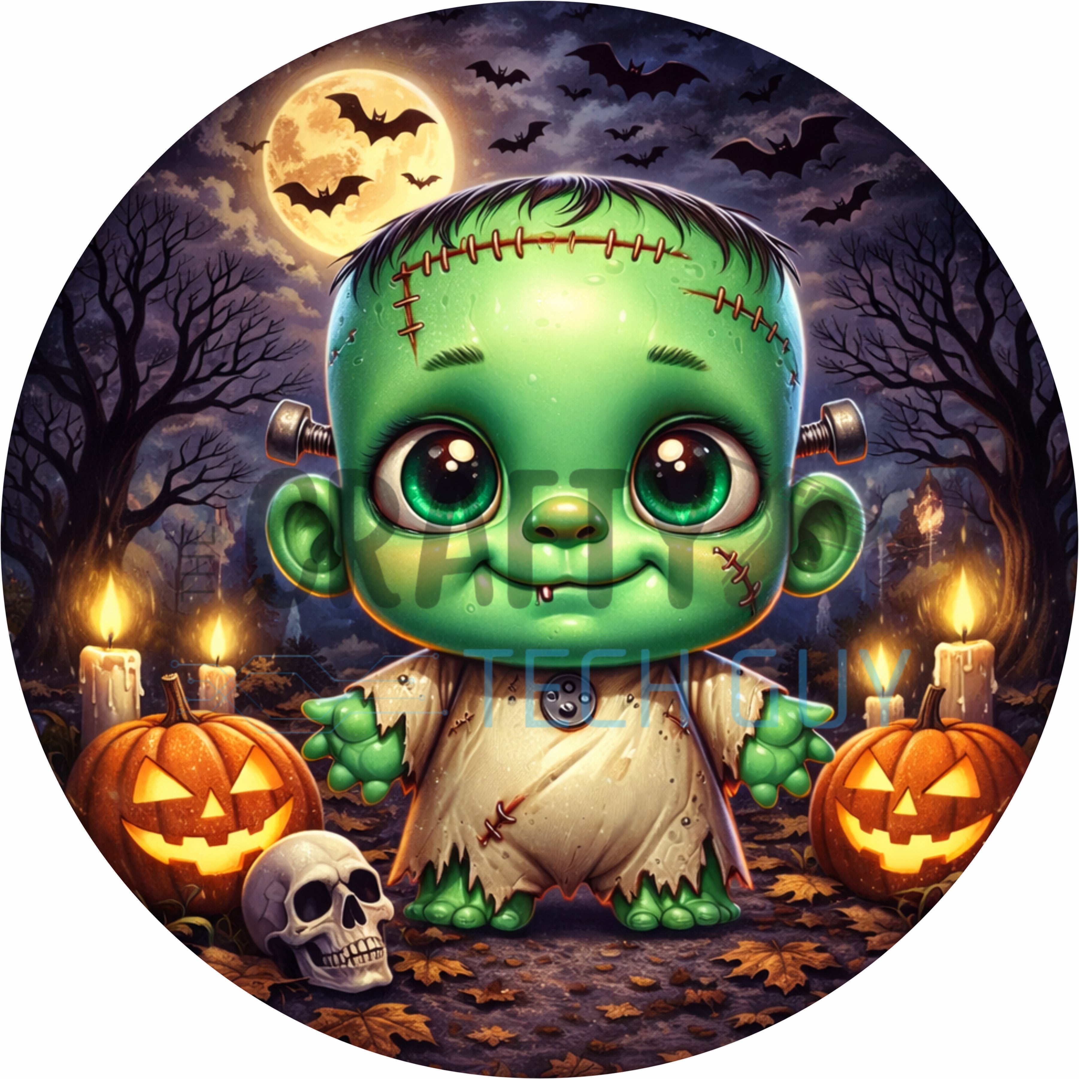Cute Frankenstein Halloween Night Scene Round Wreath Sign