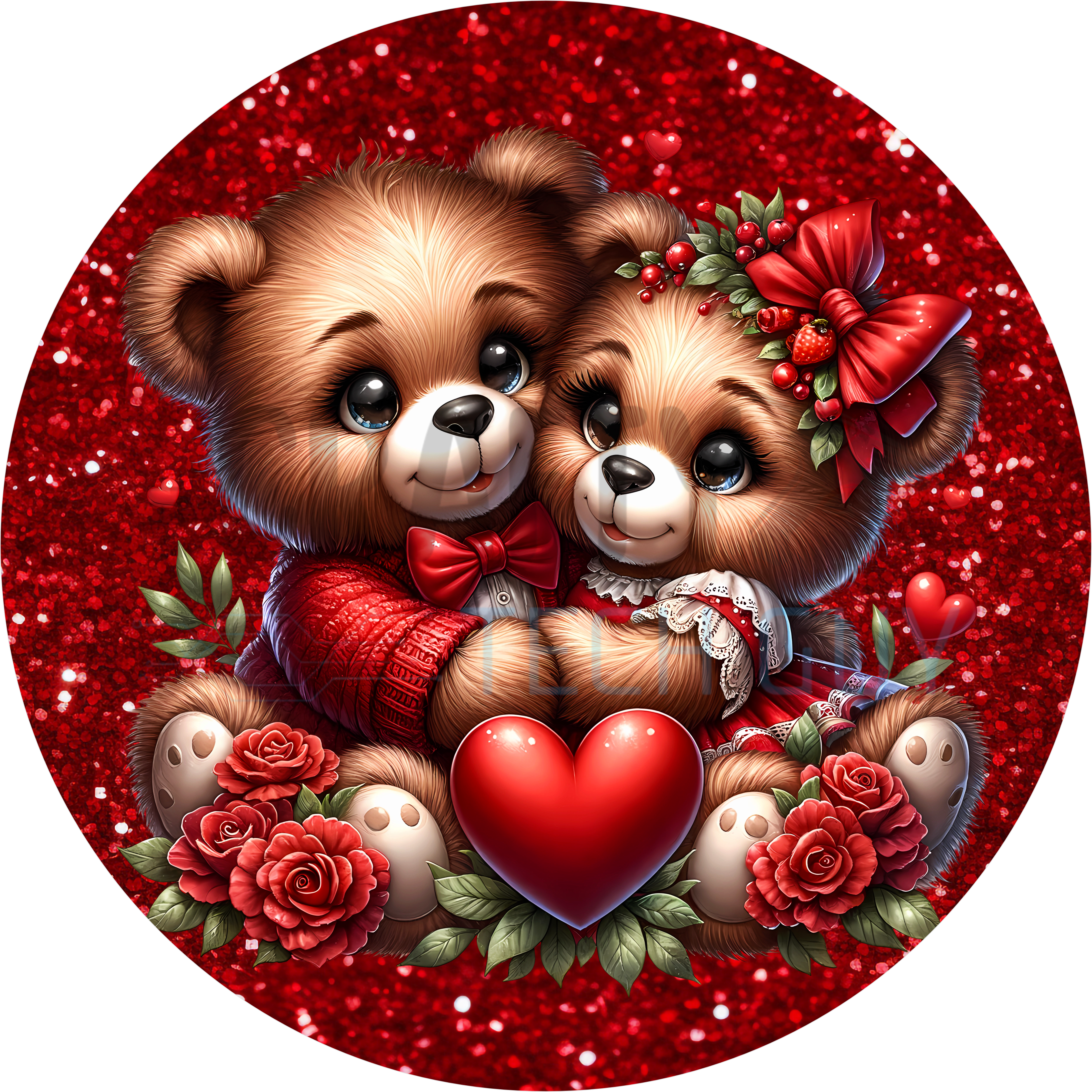 Red Glitter Valentine Teddy Bears Round Sign