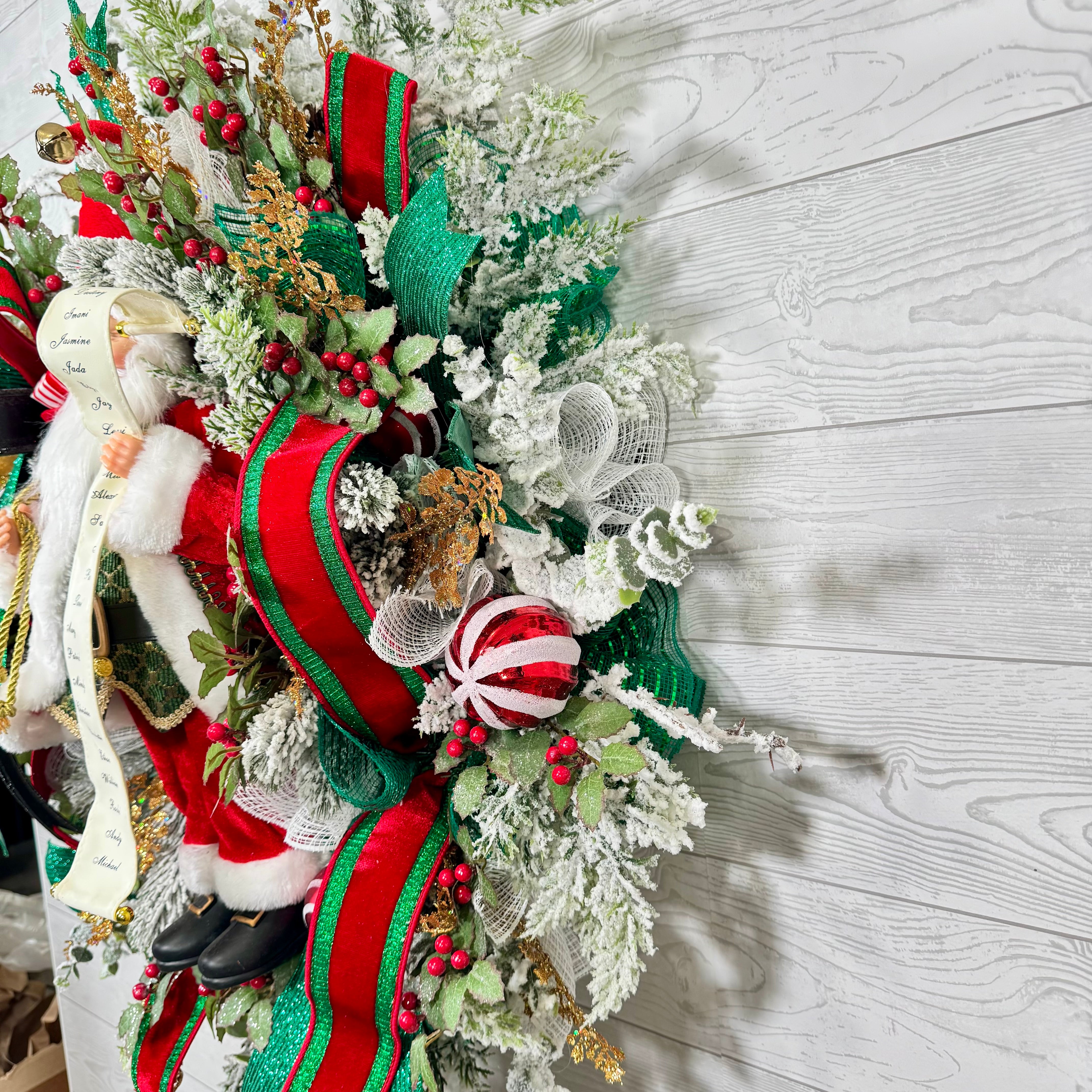 Santa Christmas Wreath, Festive Holiday Wreath with Santa Figure, Green and Gold Ribbon, Red Berries & Peppermint Accents