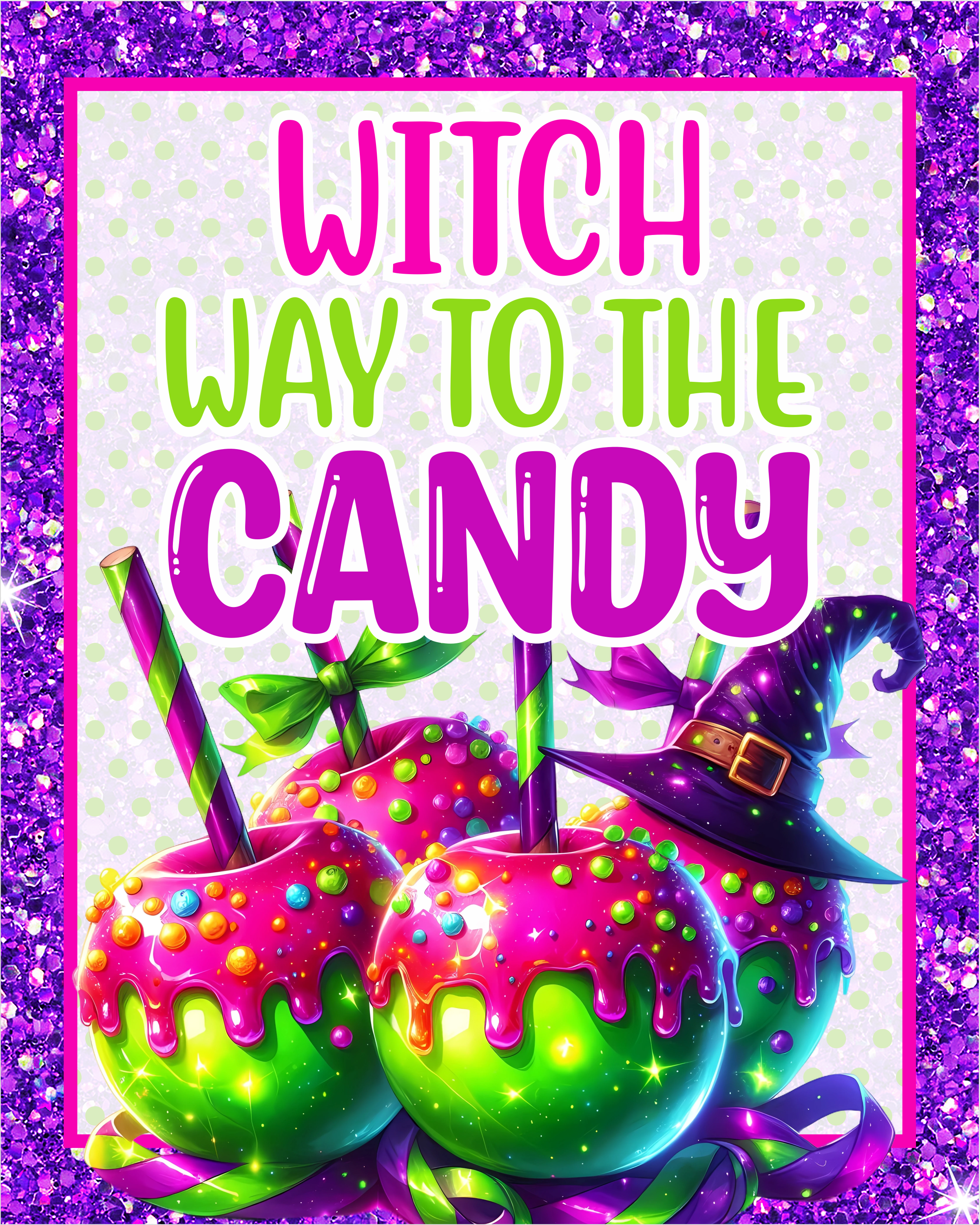 Witch Way to the Candy Halloween Sign, Bright Candy Apple Wall Art, Purple Green Glitter Decor, Fun Halloween Wreath Sign, Spooky Candy Theme
