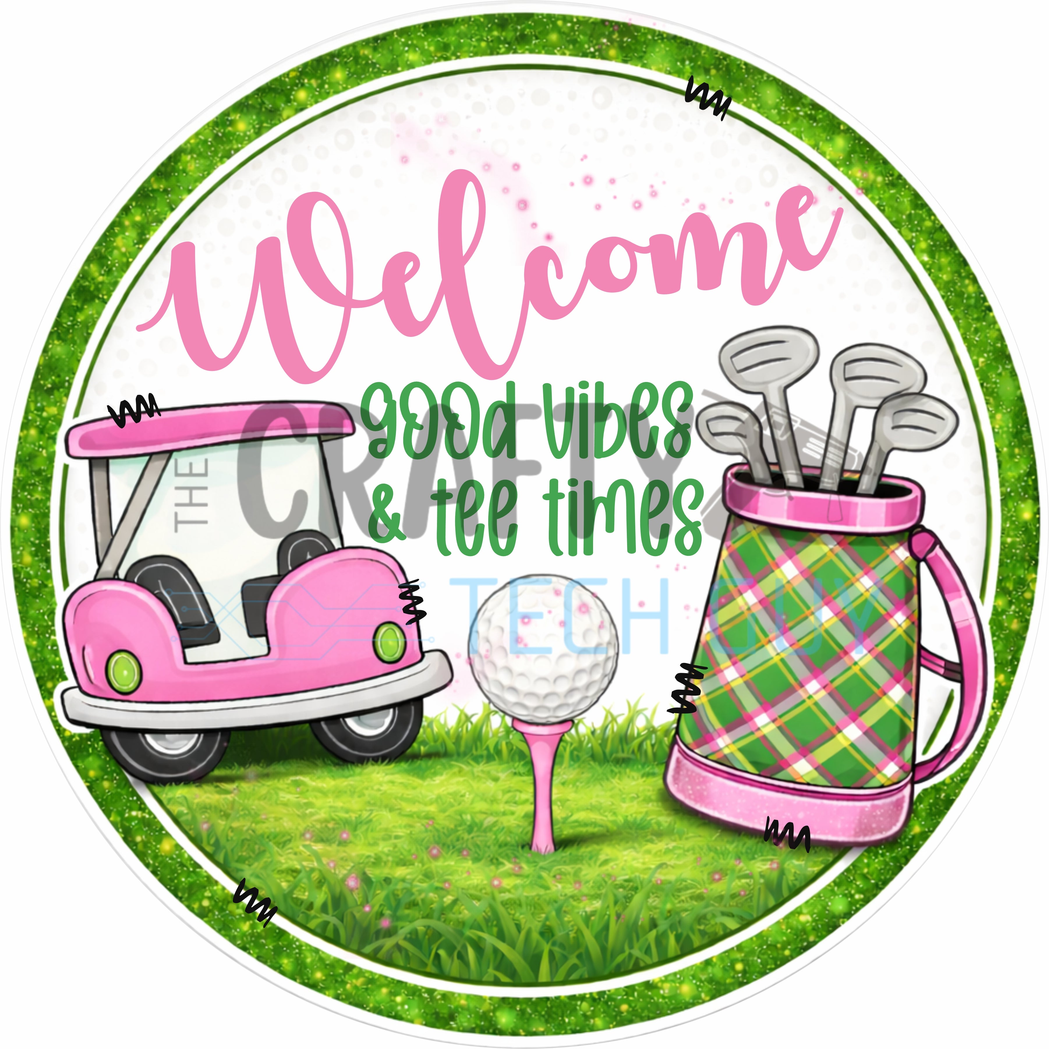 Letrero de bienvenida para golfistas: carrito de golf con cuadros escoceses y corona verde para amantes del golf.