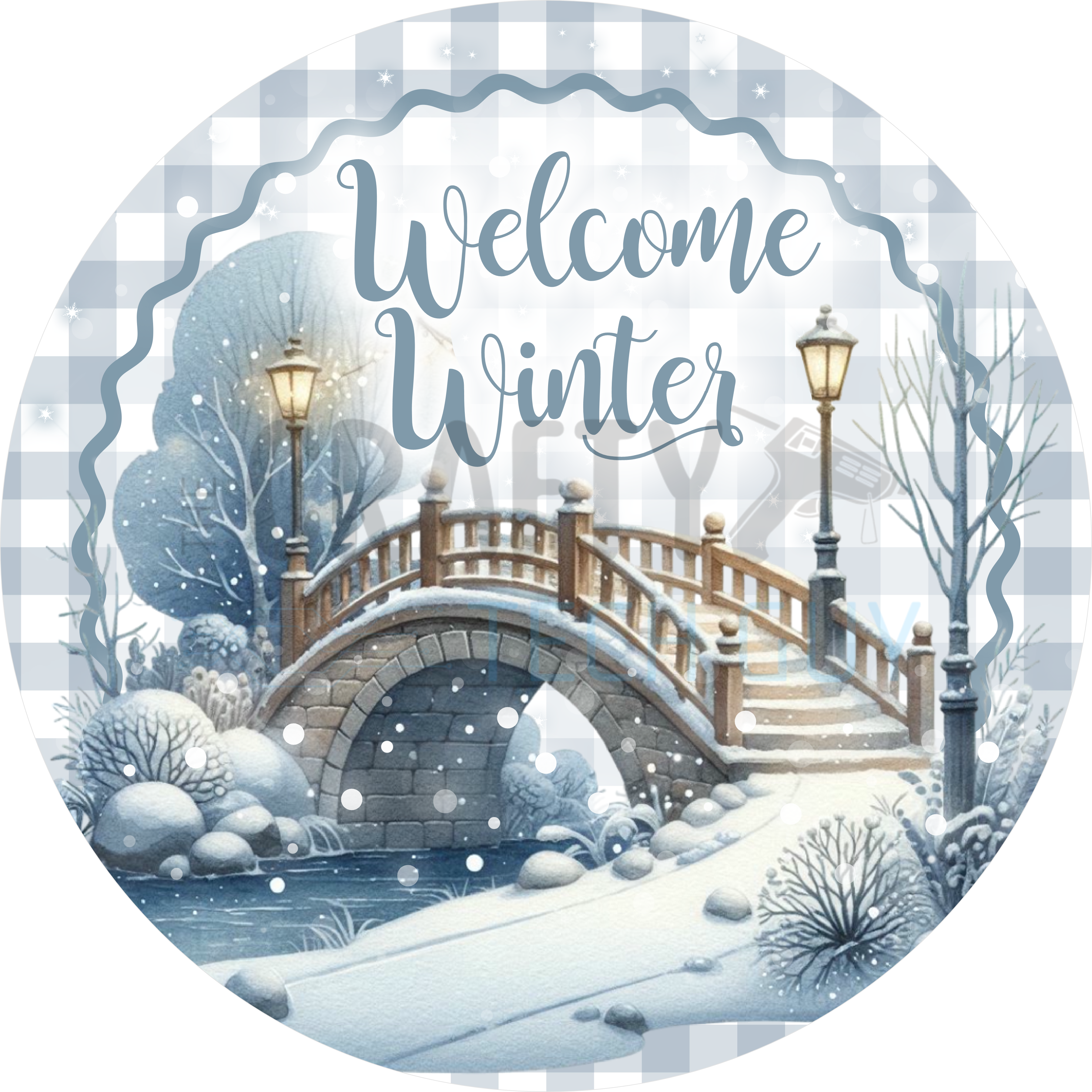 Winter Landscape Round Sign – Cottage Bridge Scene