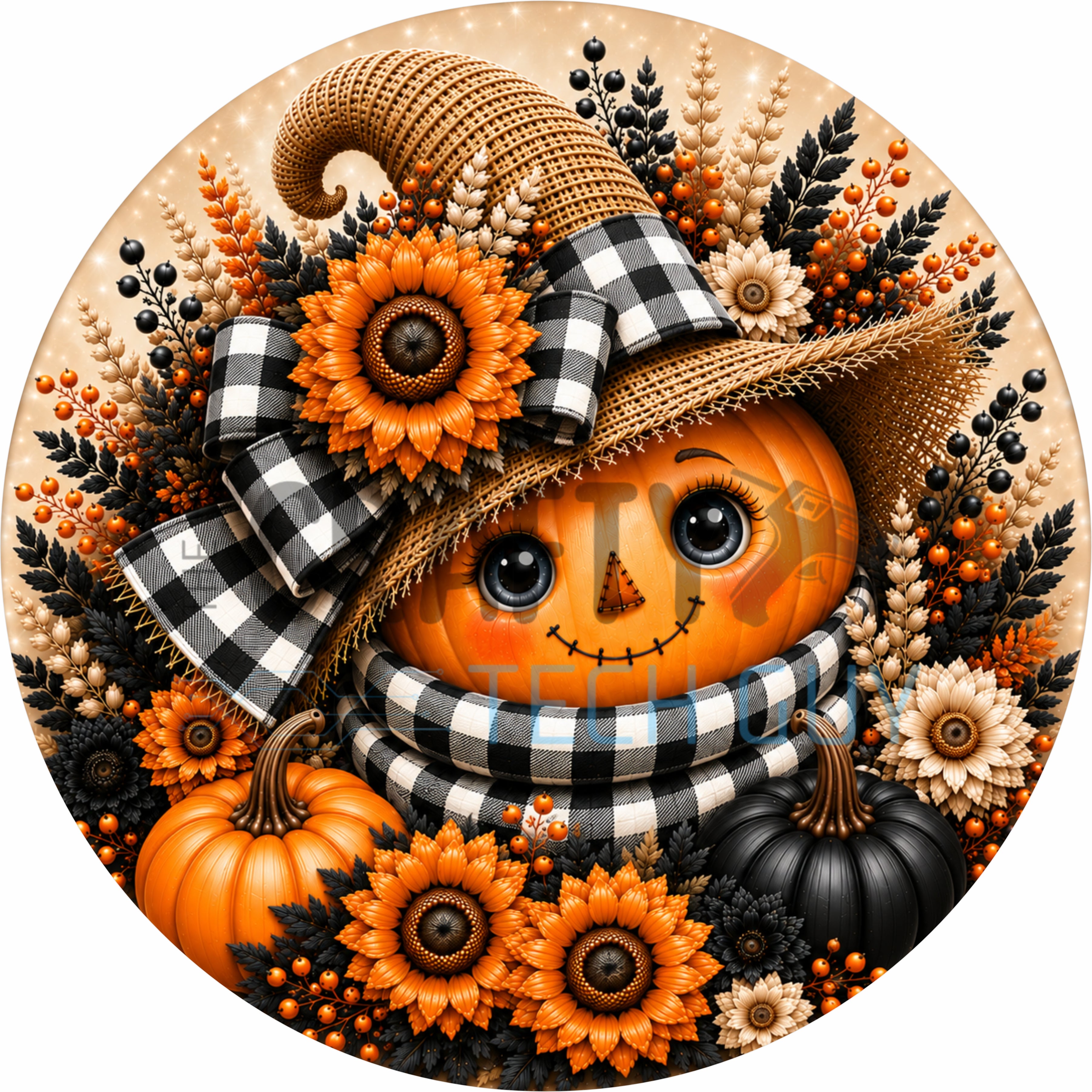 Black & White Buffalo Pumpkin Check Scarecrow Round Wreath Sign