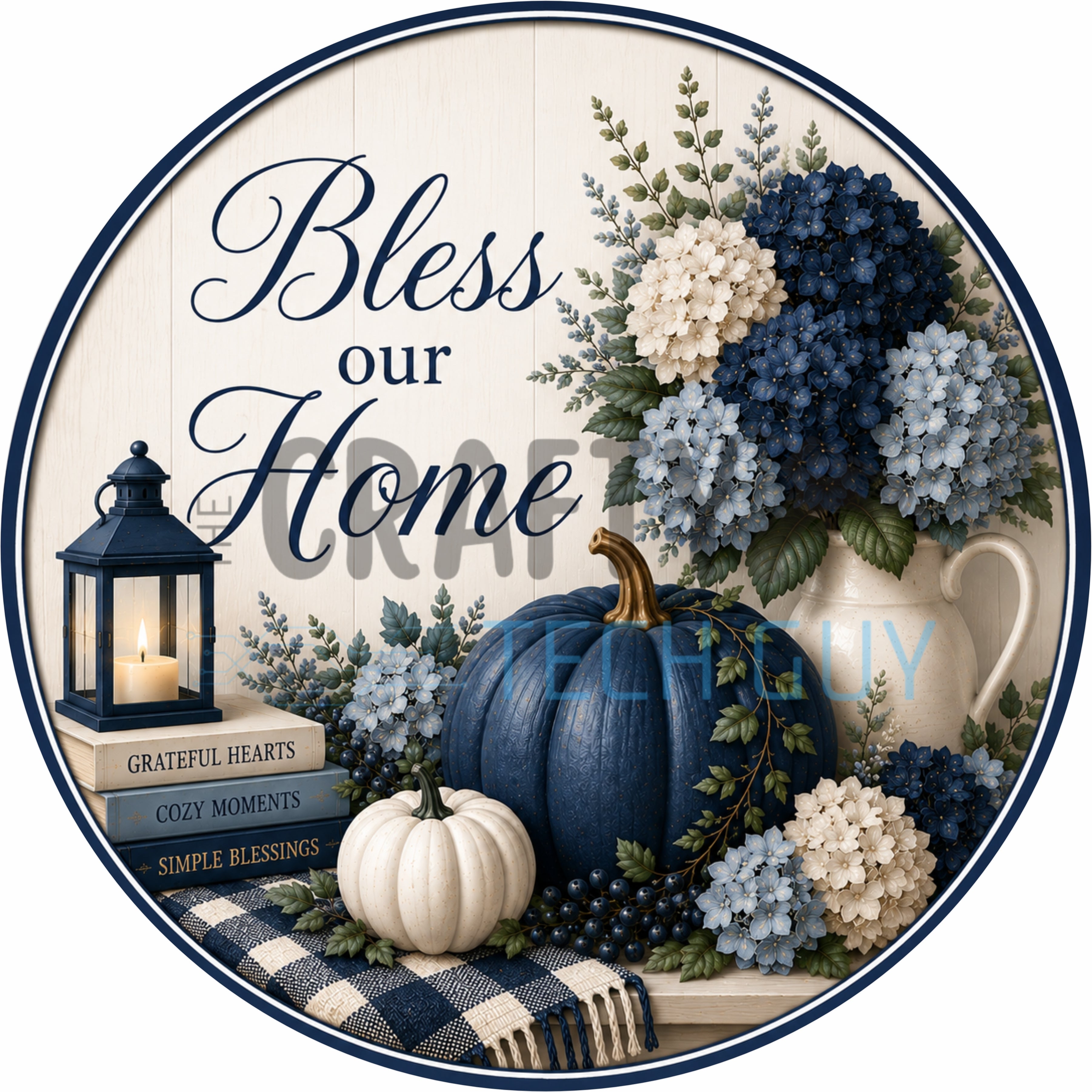 Bless Our Home Navy Hydrangea Pumpkin Round Wreath Sign