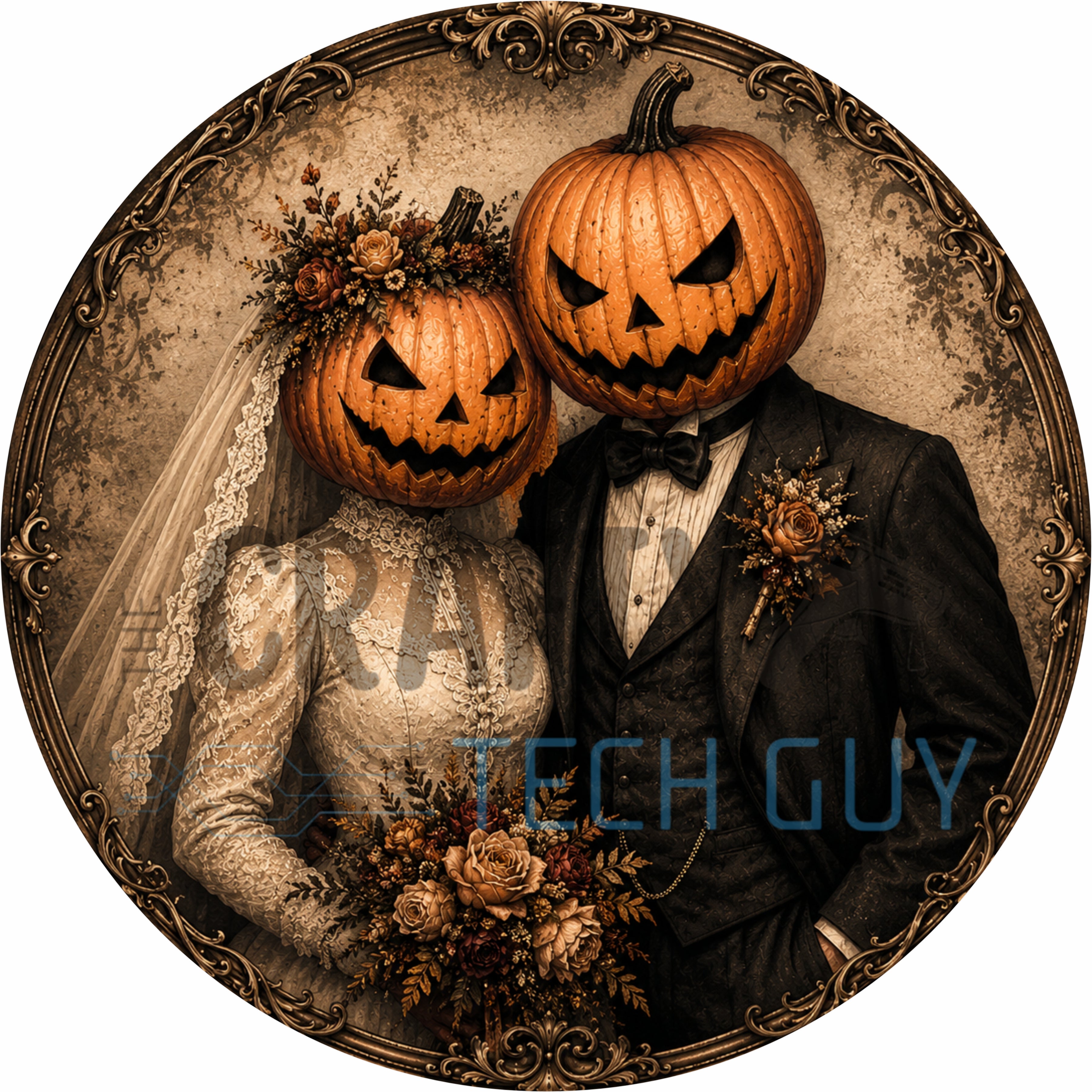 Vintage Pumpkin Bride and Groom Halloween Round Wreath Sign