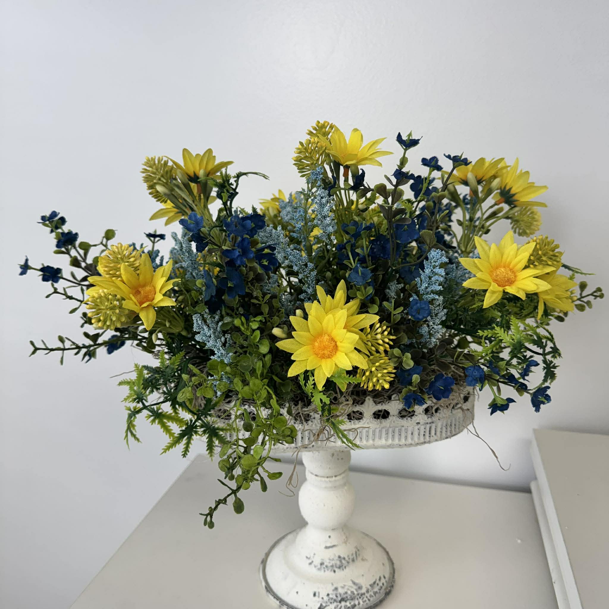 Yellow and Blue Floral Centerpiece, Farmhouse Pedestal Bowl Arrangement, Summer Table Decor