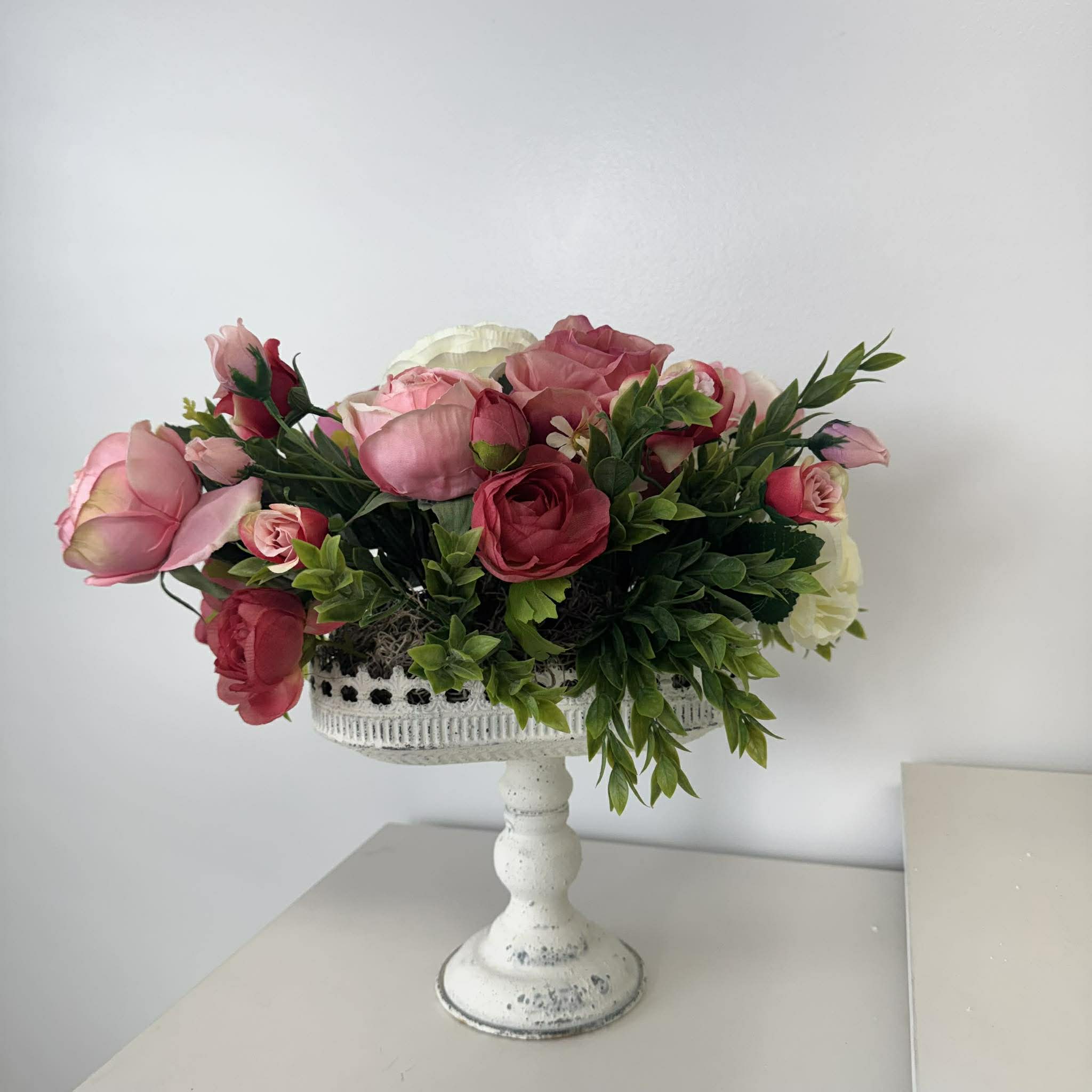 Pink Rose Floral Centerpiece, Romantic Farmhouse Pedestal Arrangement, Spring Summer Table Decor