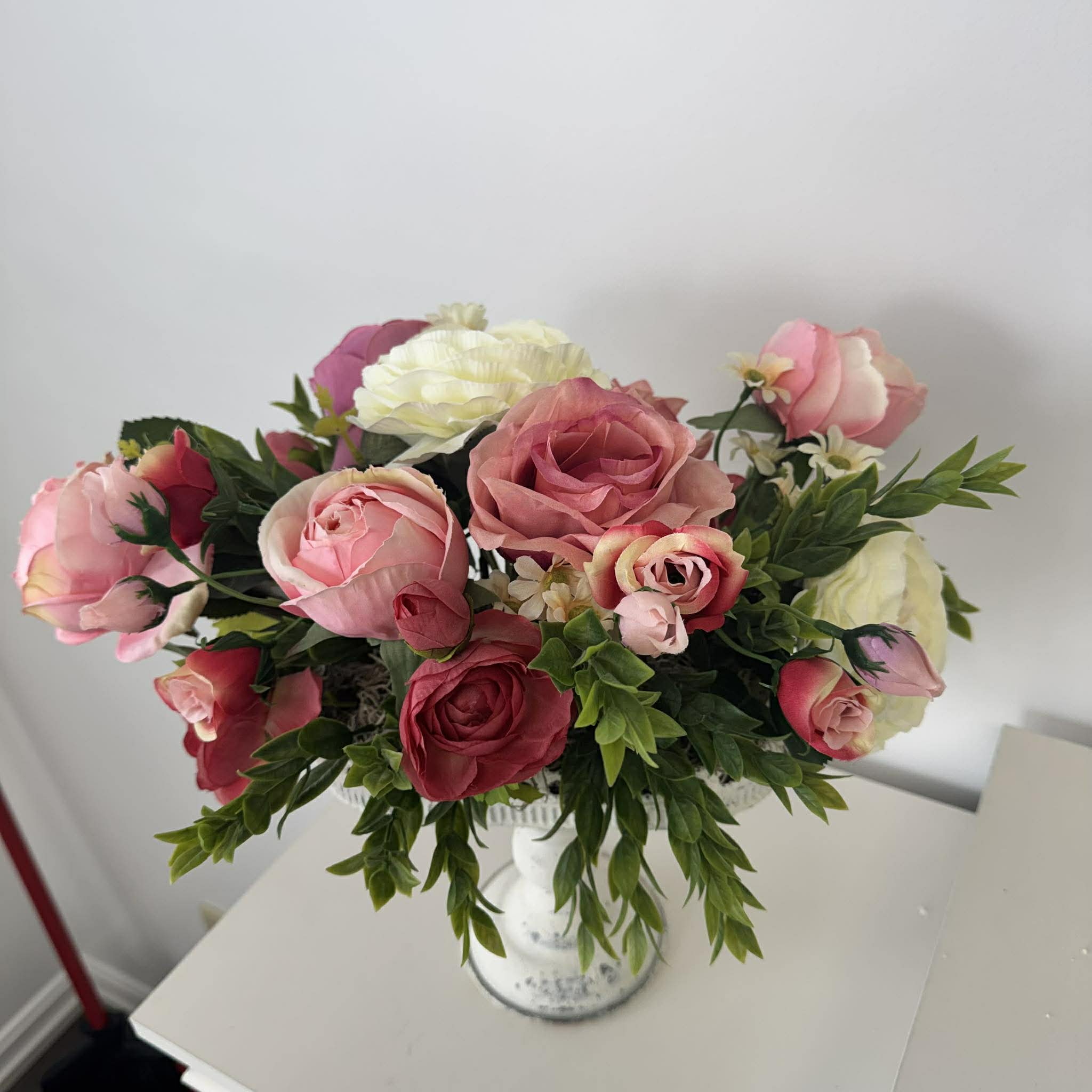 Pink Rose Floral Centerpiece, Romantic Farmhouse Pedestal Arrangement, Spring Summer Table Decor