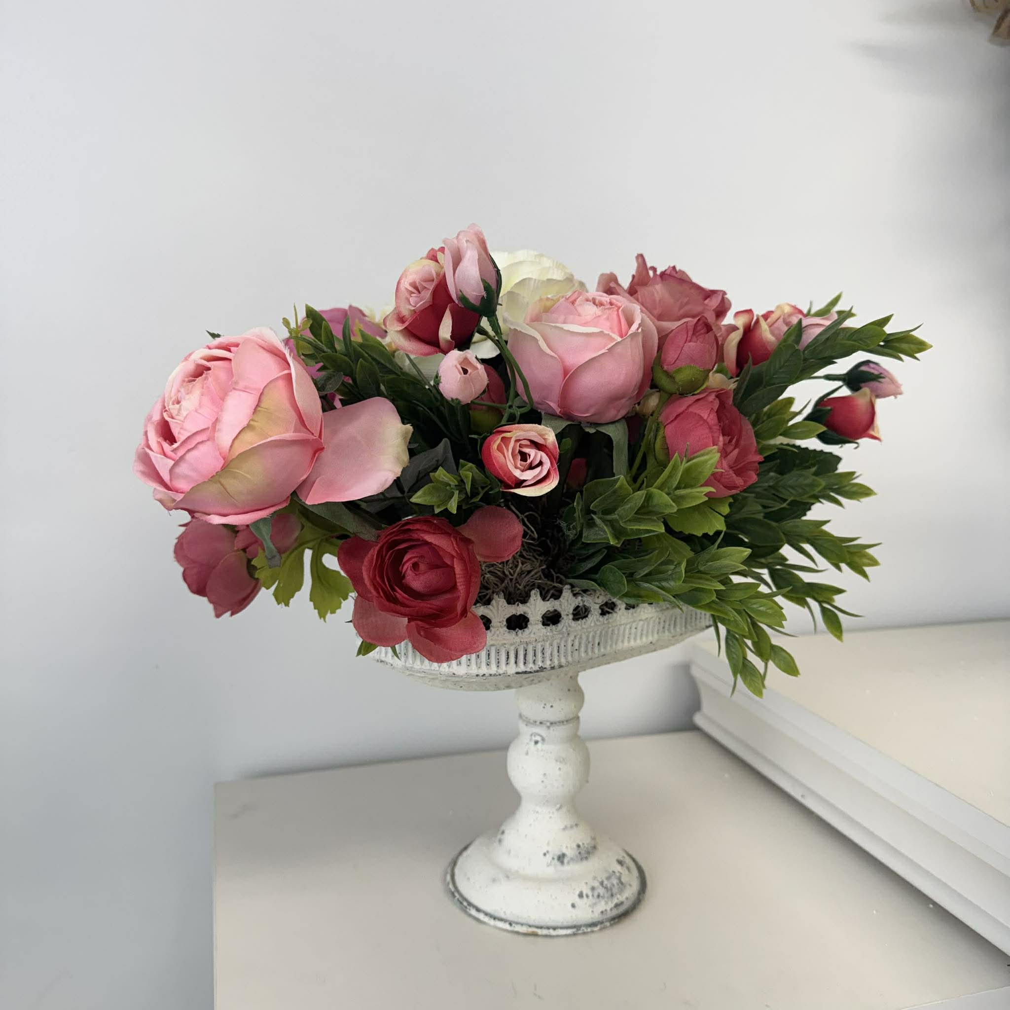 Pink Rose Floral Centerpiece, Romantic Farmhouse Pedestal Arrangement, Spring Summer Table Decor