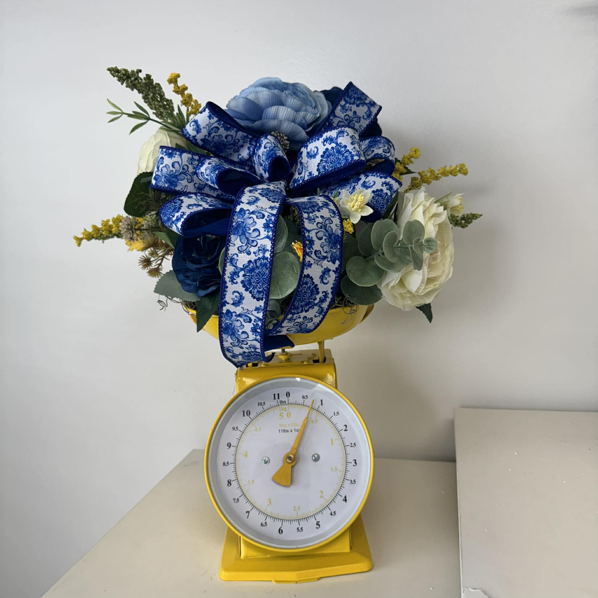 Blue and Yellow Floral Arrangement, Vintage Yellow Scale Centerpiece, Blue and White Ribbon Floral Decor