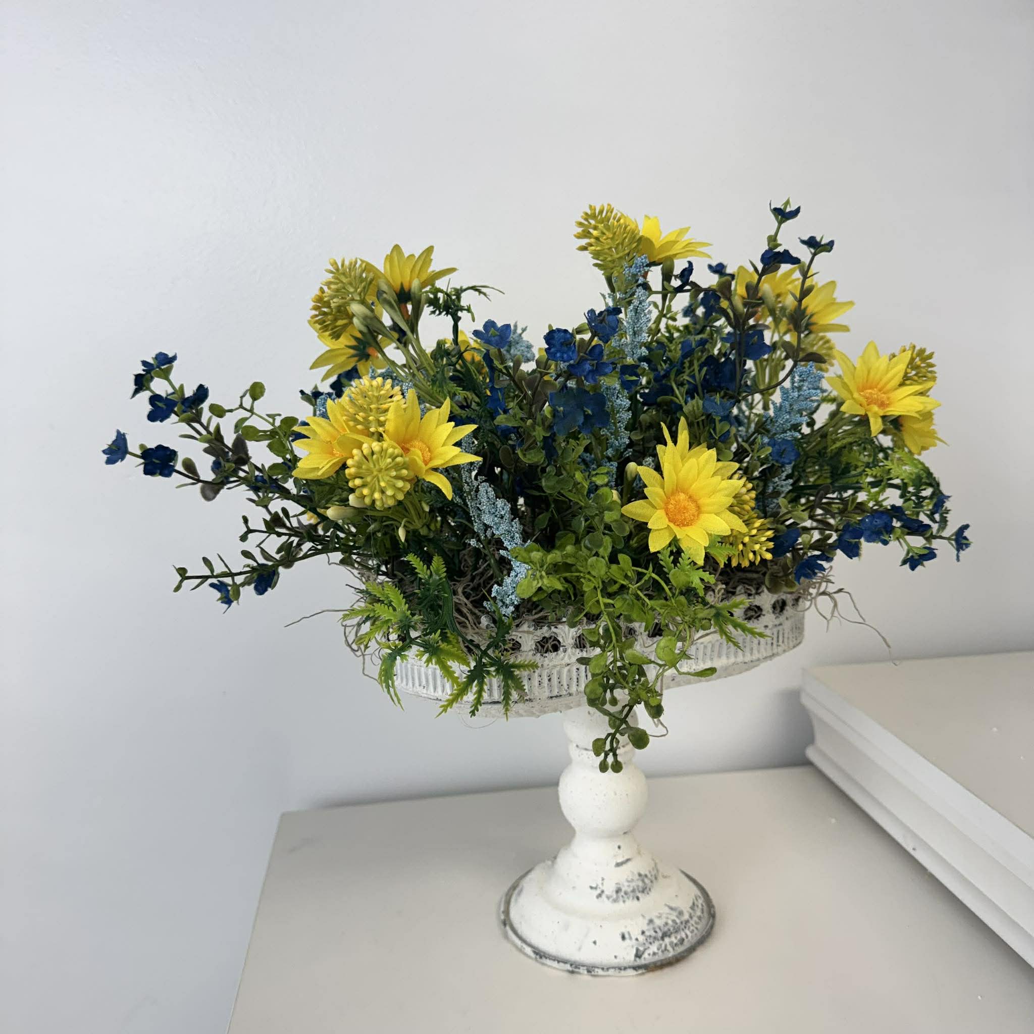 Yellow and Blue Floral Centerpiece, Farmhouse Pedestal Bowl Arrangement, Summer Table Decor