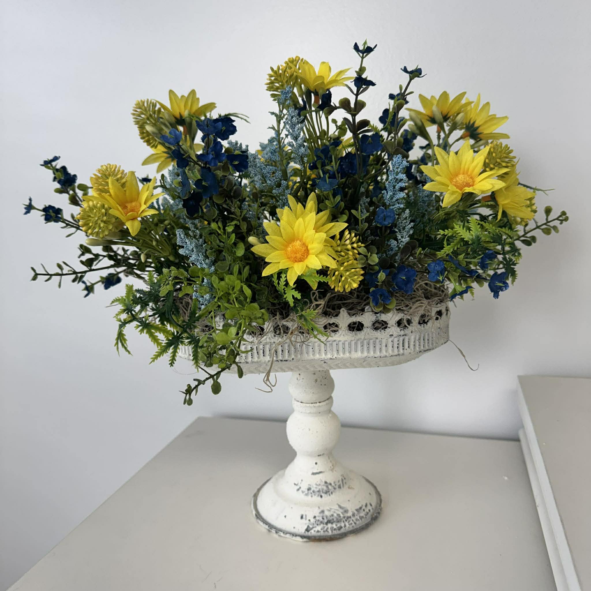Yellow and Blue Floral Centerpiece, Farmhouse Pedestal Bowl Arrangement, Summer Table Decor