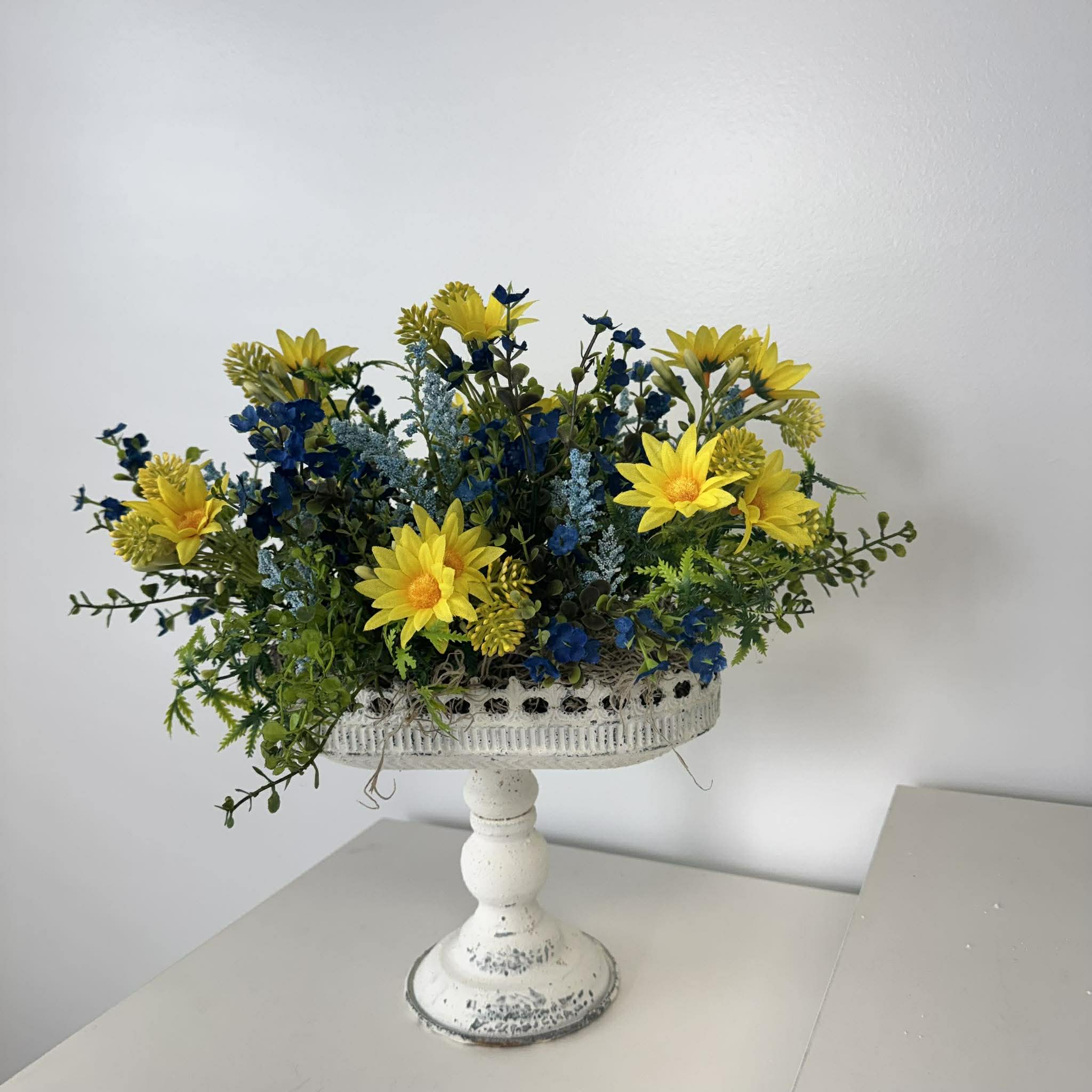 Yellow and Blue Floral Centerpiece, Farmhouse Pedestal Bowl Arrangement, Summer Table Decor