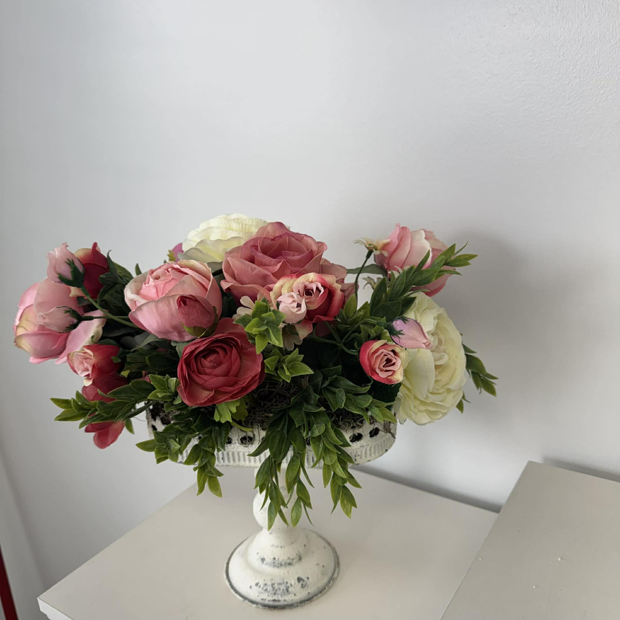 Pink Rose Floral Centerpiece, Romantic Farmhouse Pedestal Arrangement, Spring Summer Table Decor