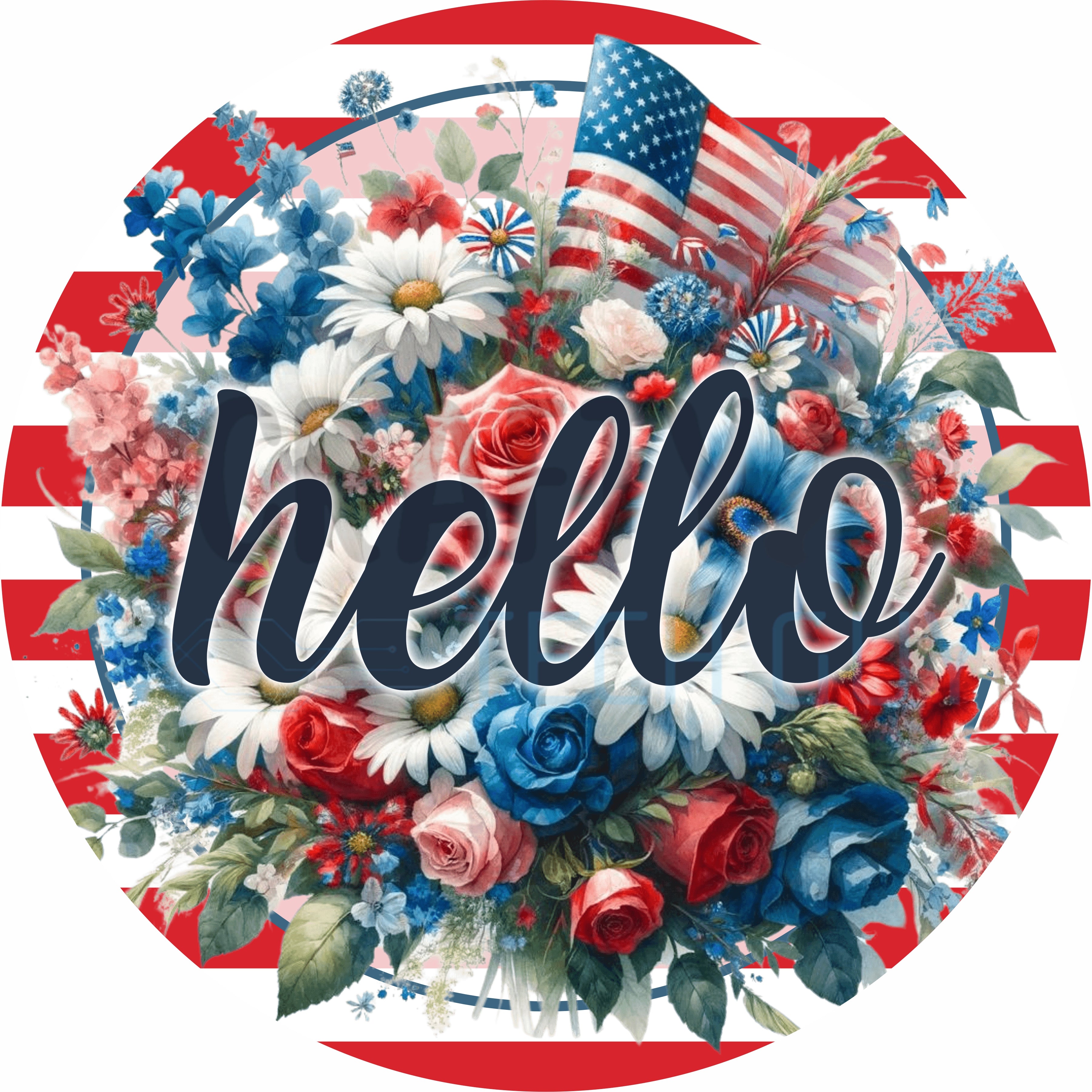 Hello Patriotic Floral Round Wreath Sign – Red White & Blue Americana Door Decor