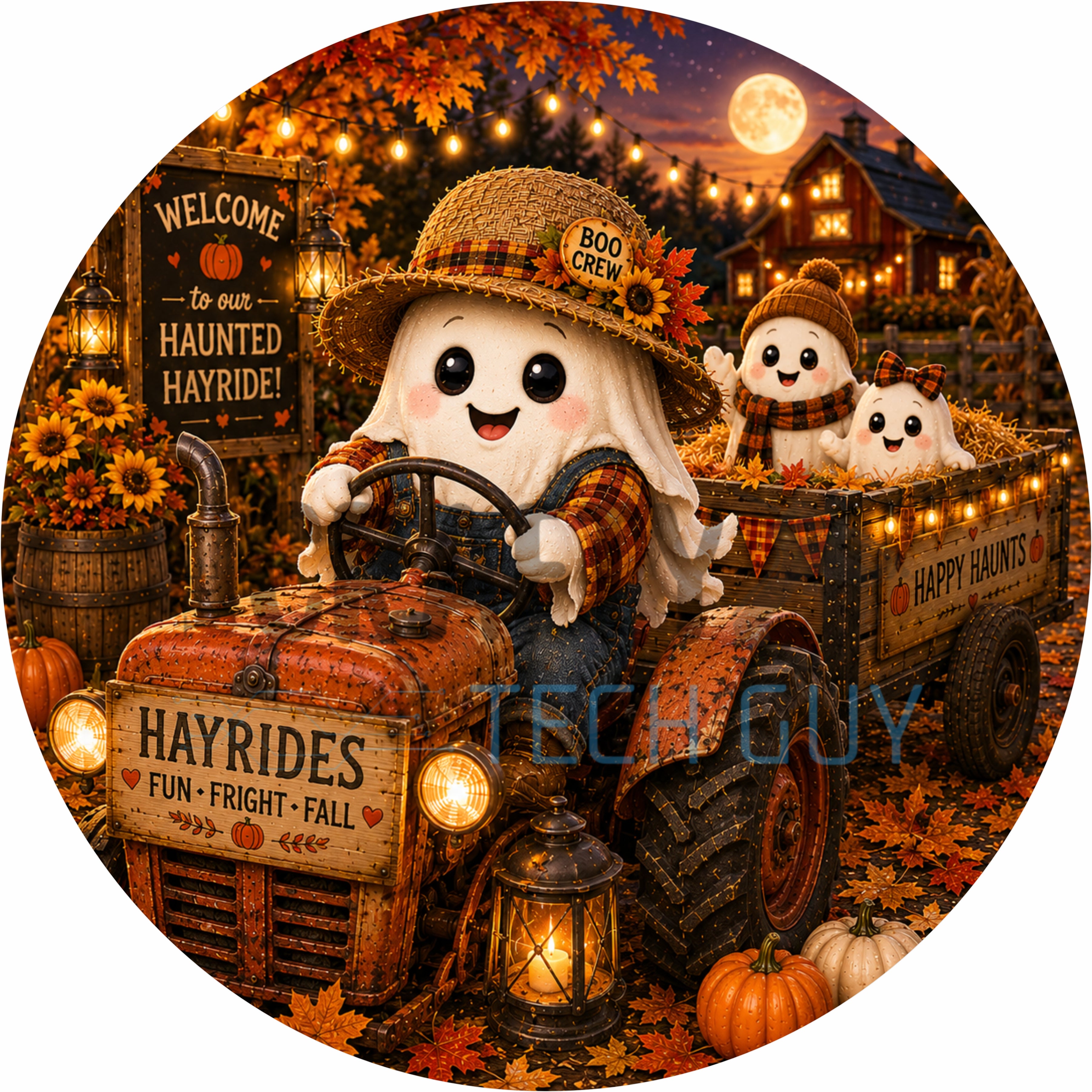 Haunted Hayride Ghost Tractor Halloween Round Wreath Sign