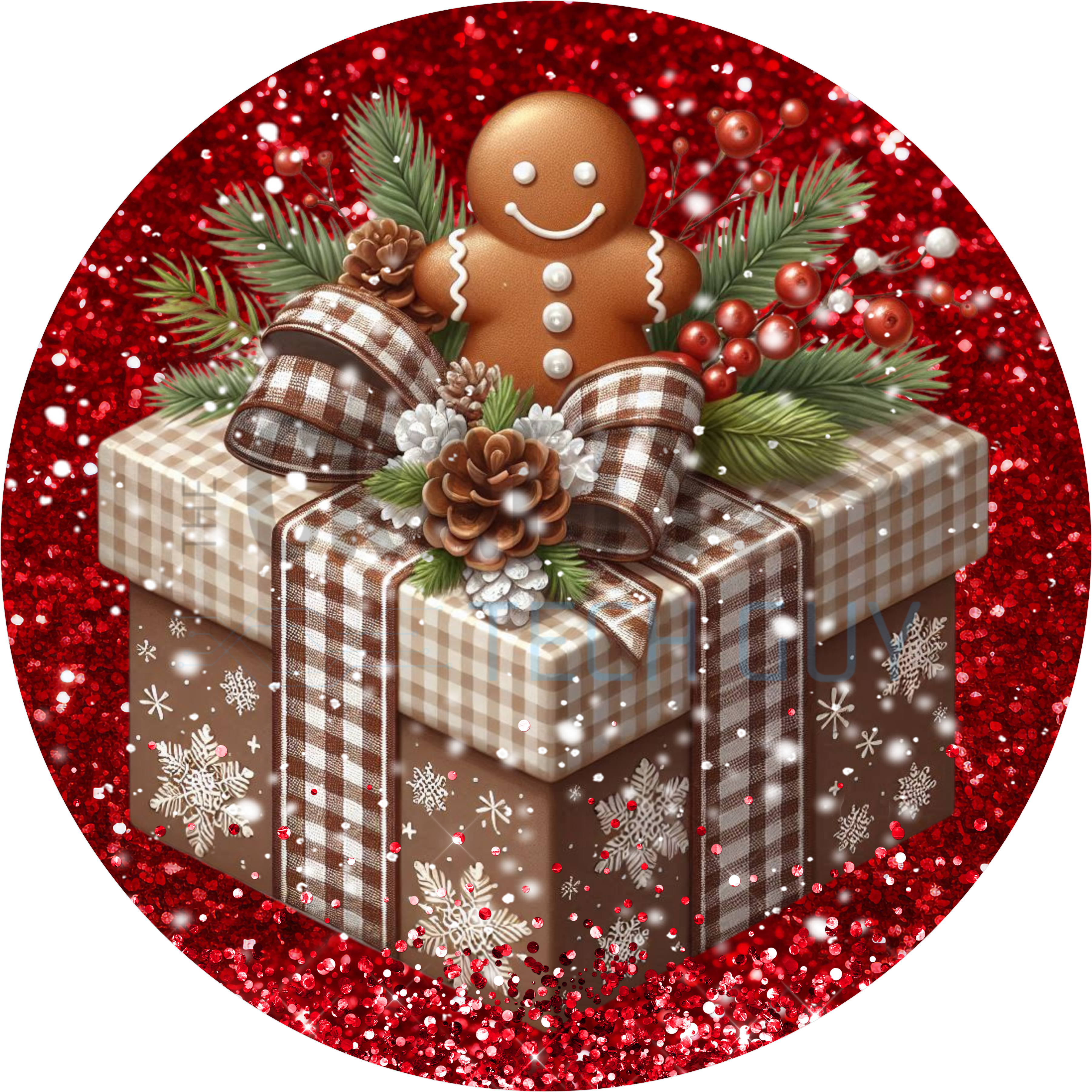 Gingerbread Christmas Sign with Brown Gingham Gift Box, Pinecones, Berries, and Snowy Red Glitter Holiday Background