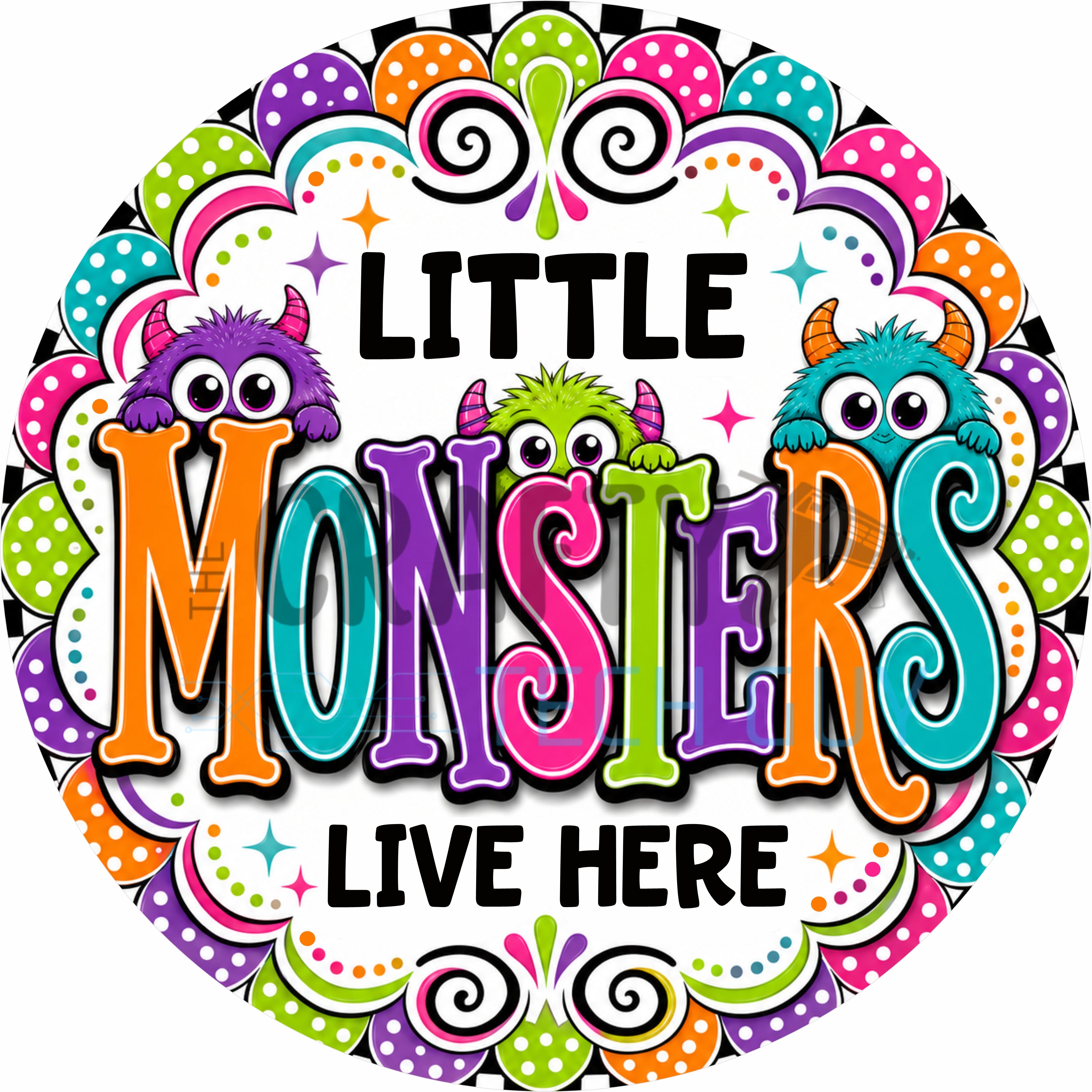 Little Monsters Live Here Colorful Halloween Round Wreath Sign