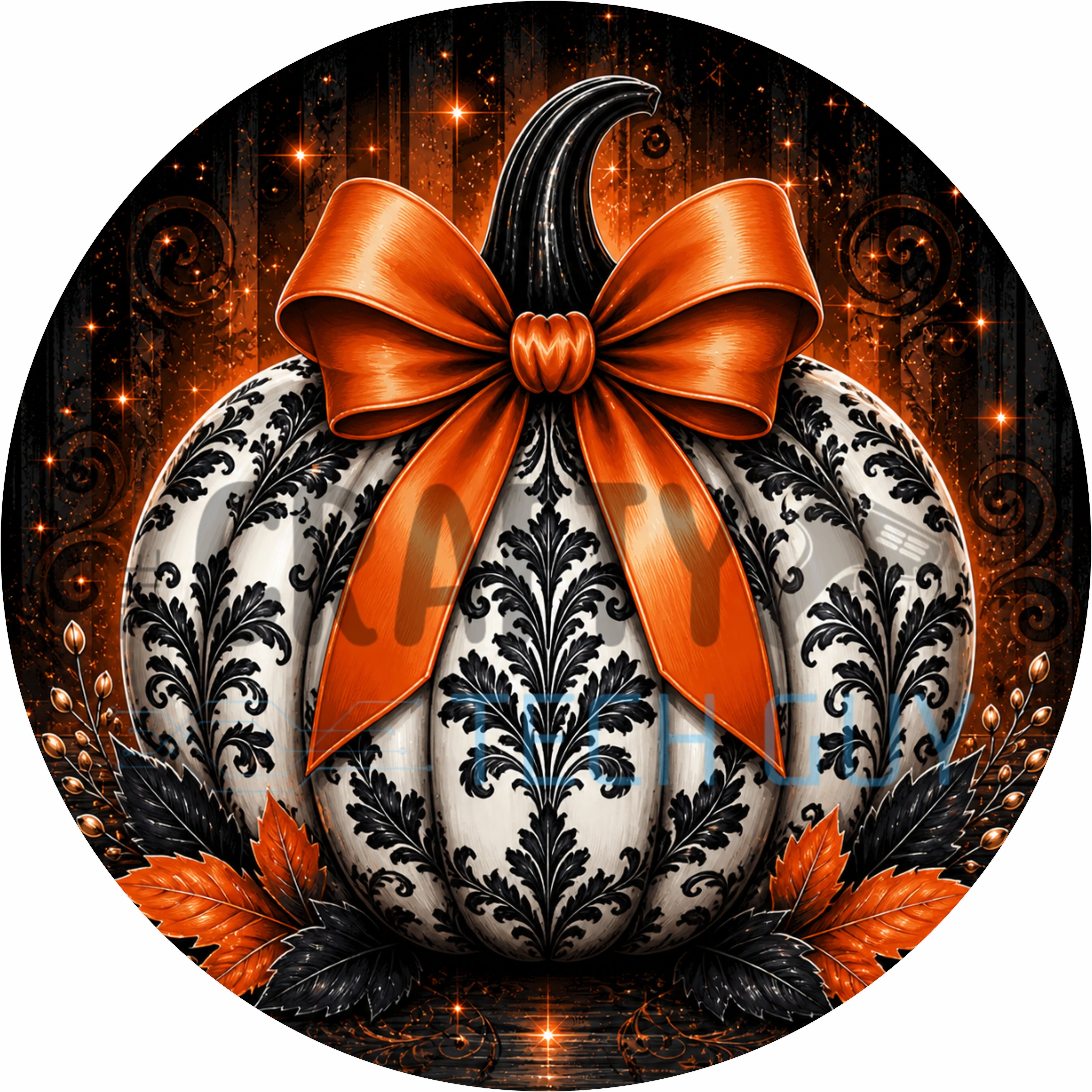 Orange and Black Damask Halloween Pumpkin Round Wreath Sign