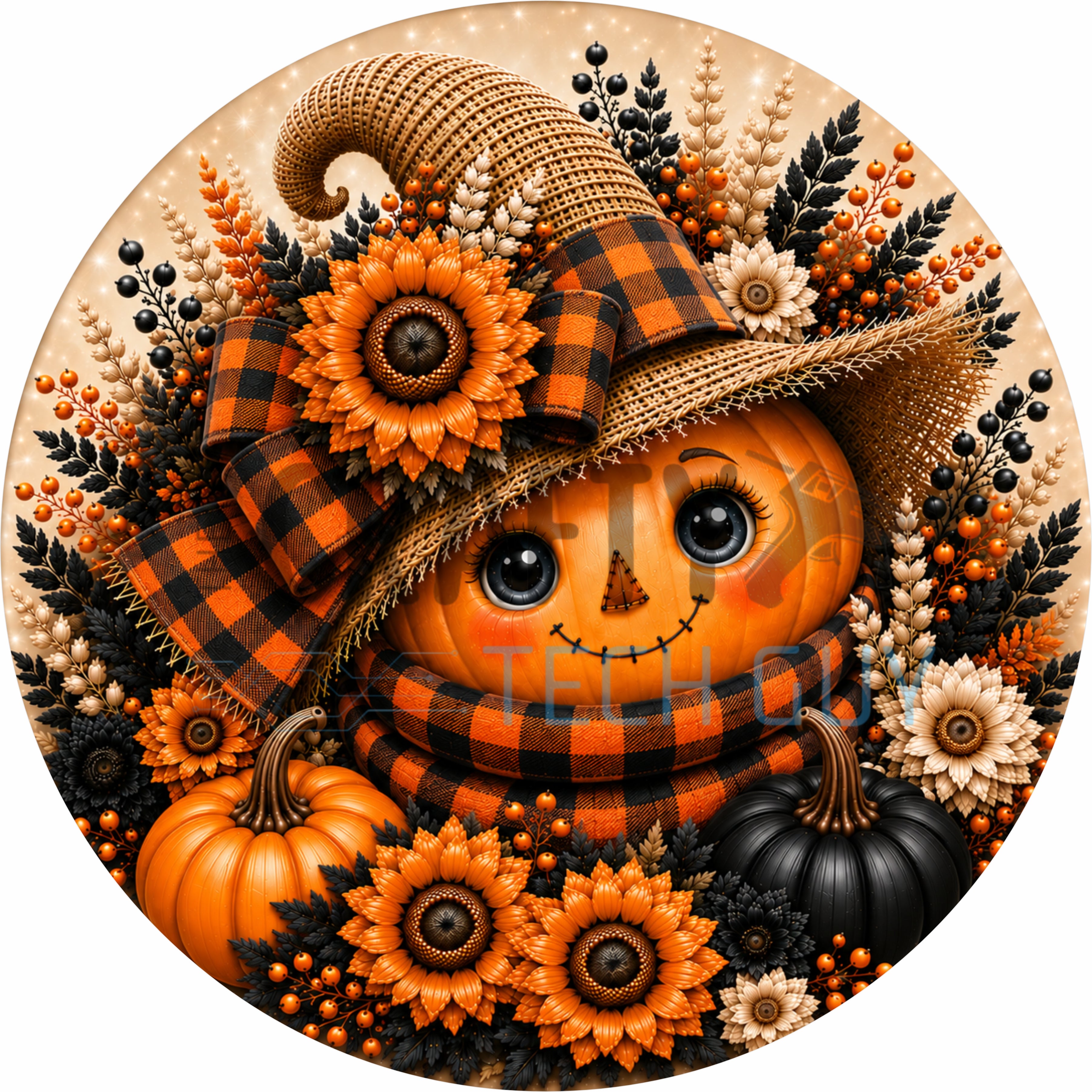 Buffalo Plaid Pumpkin Scarecrow Harvest Round Wreath Sign