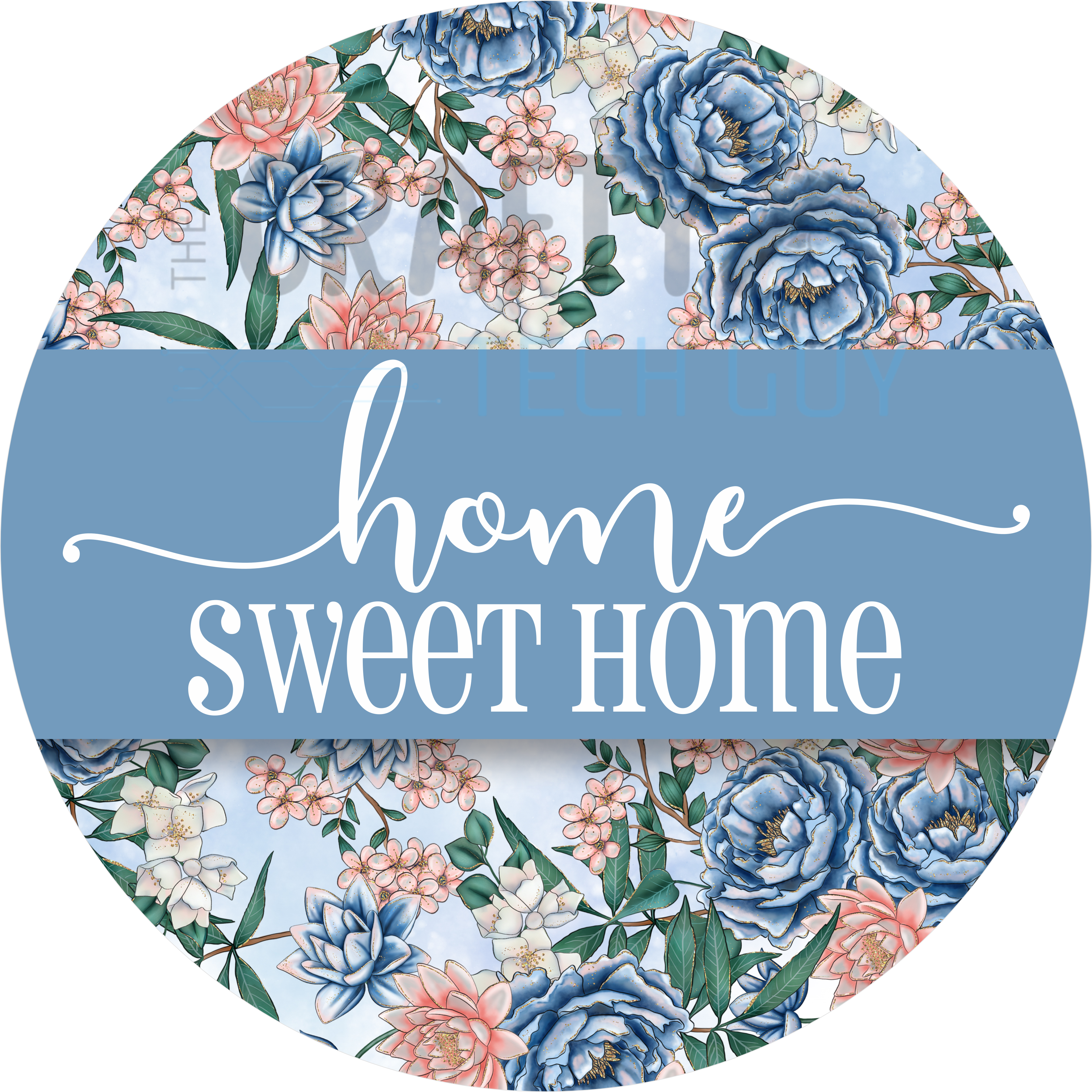Home Sweet Home Blue Floral Design | Elegant Peony and Blossom Pattern with Dusty Blue Background for Classic Cottage Home Décor