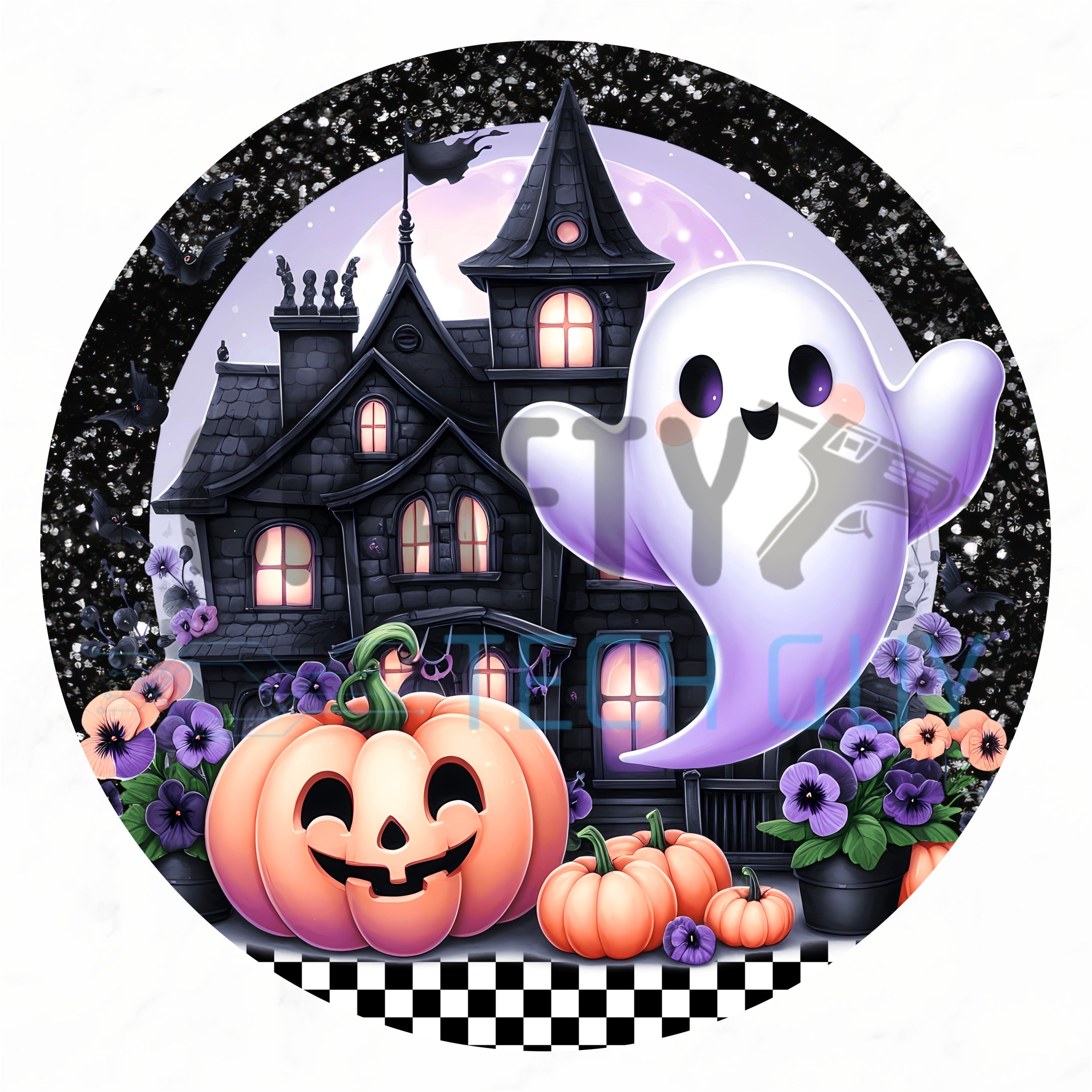 Letrero fantasma de cuadros vichy rosas con piruleta y lazos: una bonita decoración de pared para Halloween.