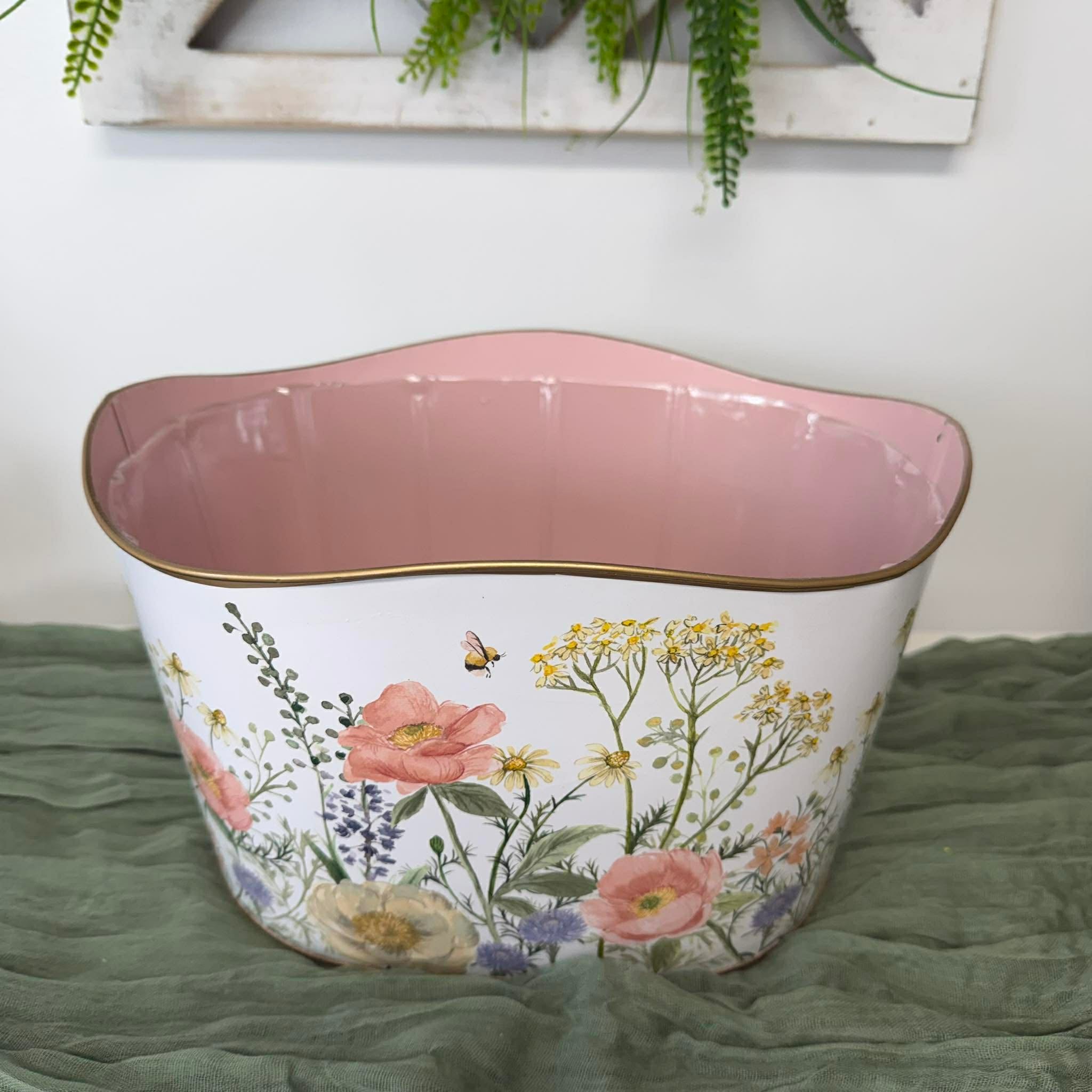 Large Floral Metal Planter, Wildflower Bee Garden Container, Pink Interior Planter, Statement Spring Decor