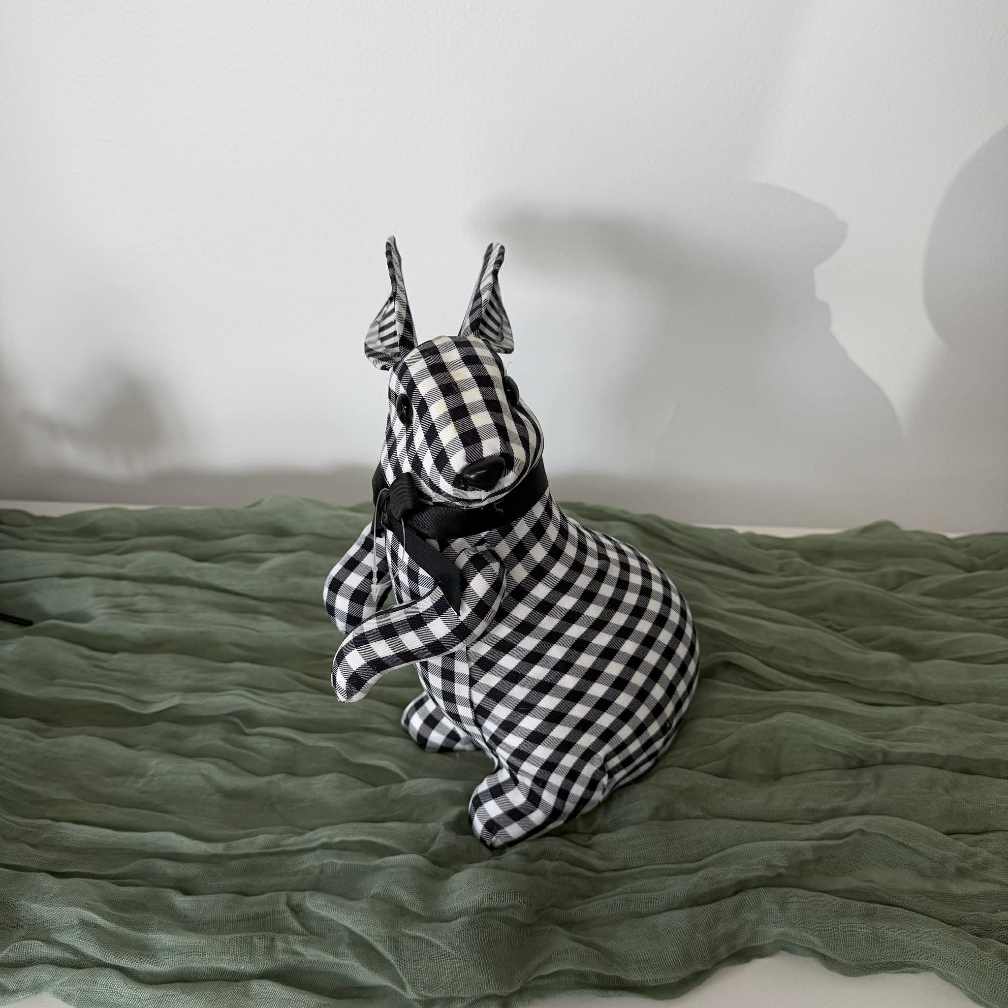 Gingham Bunny Decor, Black and White Easter Bunny, Farmhouse Bunny Decoration, Sitting or Standing Rabbit, Spring Shelf Decor