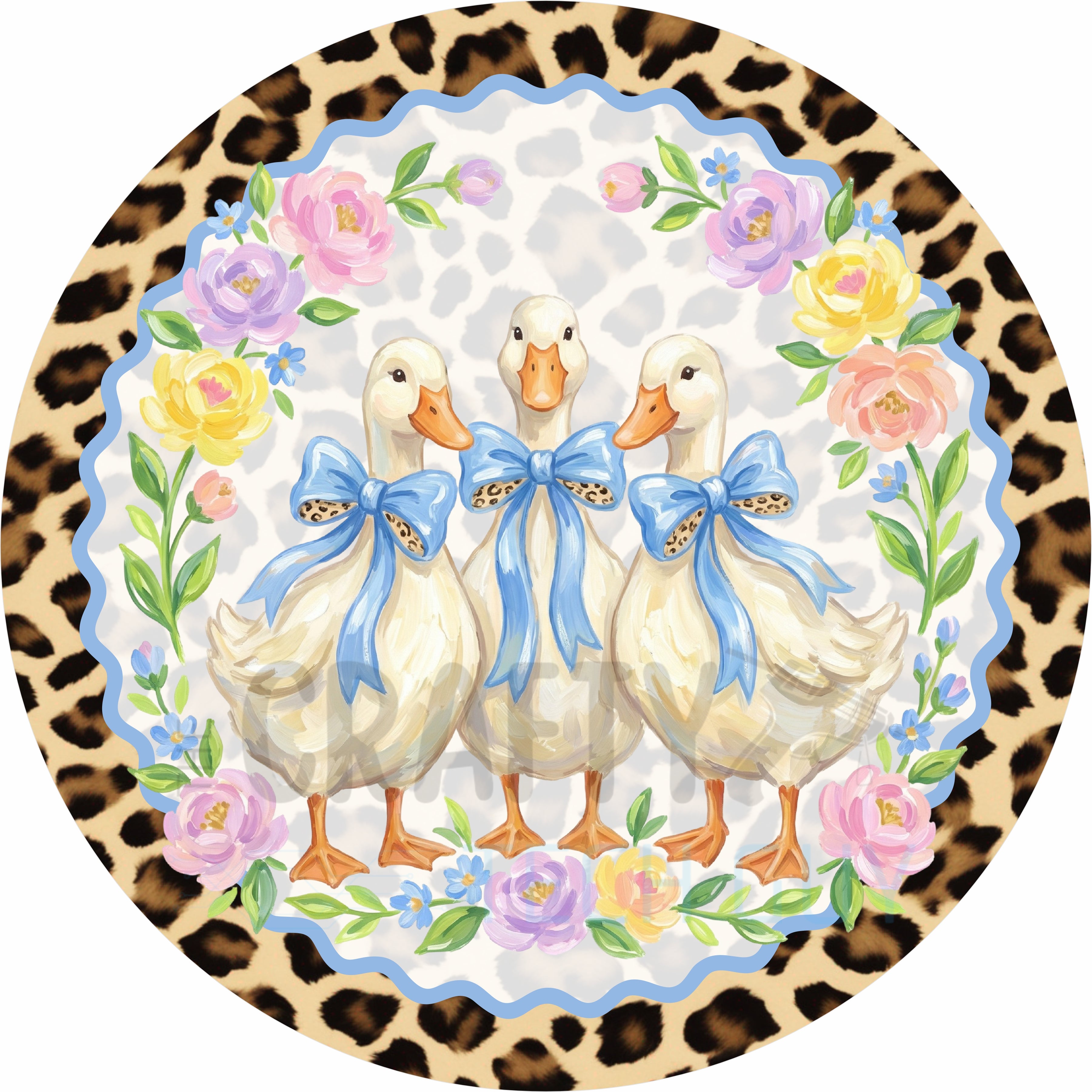 Three Ducks Blue Bow Leopard Floral Round Wreath Sign